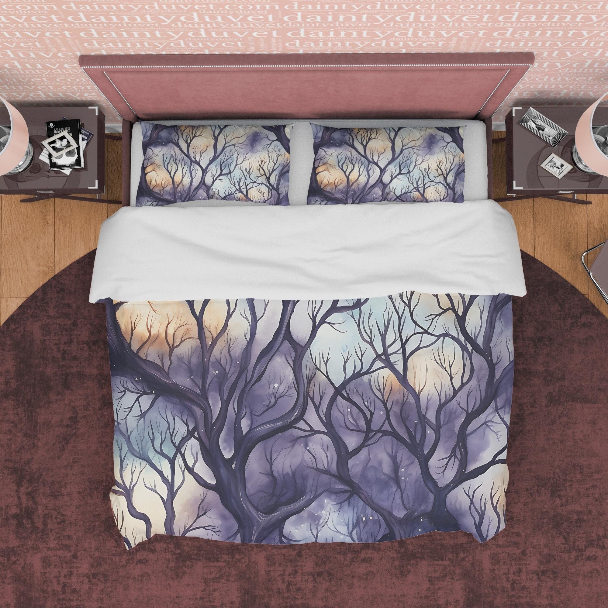Mysterious Forest, Purple Sky, Winter Halloween Duvet Cover Set, Aesthetic Bedding, Spooky Room Decor, US, European, Australian Sizes