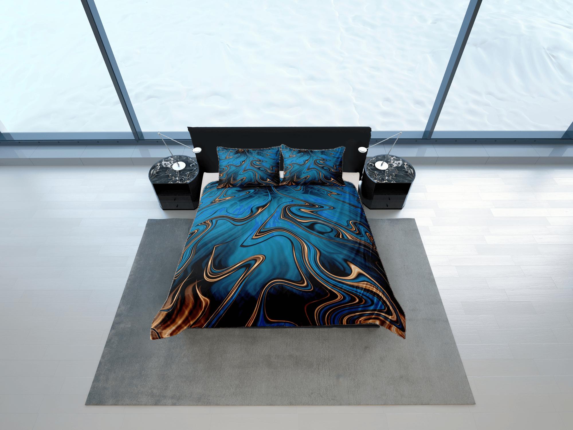 daintyduvet Mystic blue contemporary bedroom set aesthetic duvet cover, luxury gold marble abstract art room decor boho chic bedding set full king queen