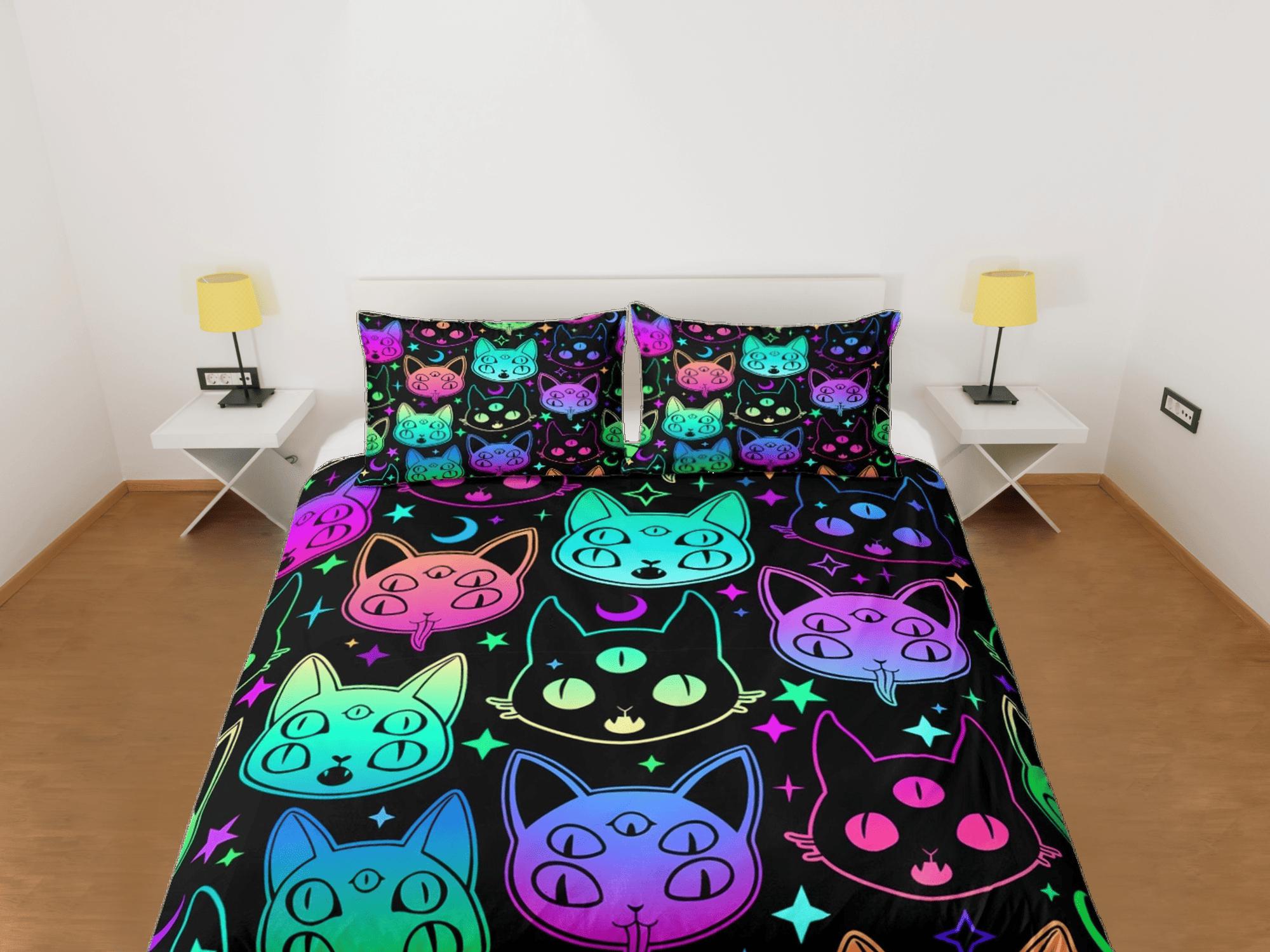 daintyduvet Mystic cat 90s neon halloween bedding hippie retro duvet cover set, colorful dorm bedding, teens bedroom, adult duvet, toddler bedding