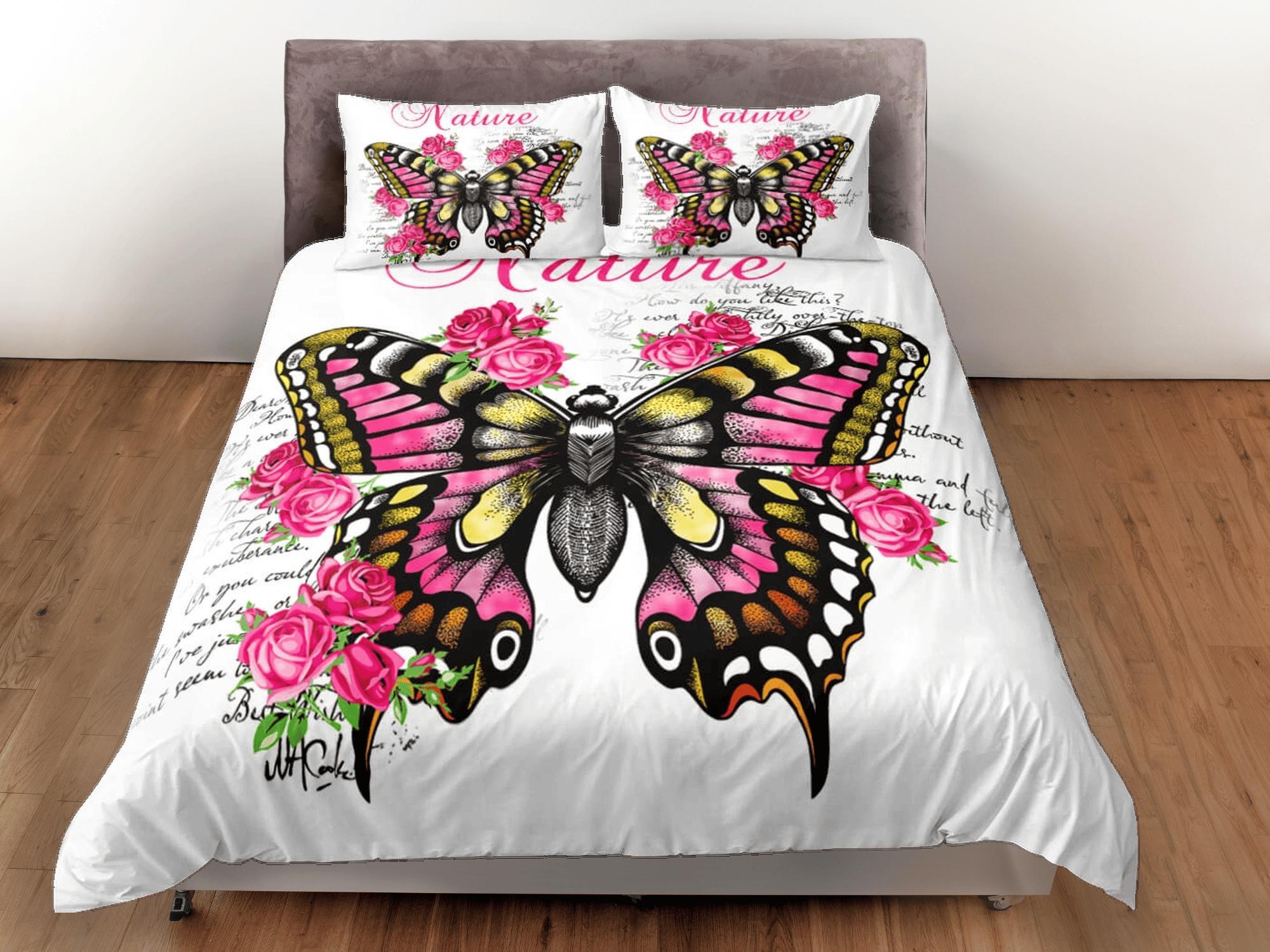 daintyduvet Nature lover pink butterfly bedding duvet cover colorful dorm bedding, full size adult duvet king queen twin, nursery toddler bedding