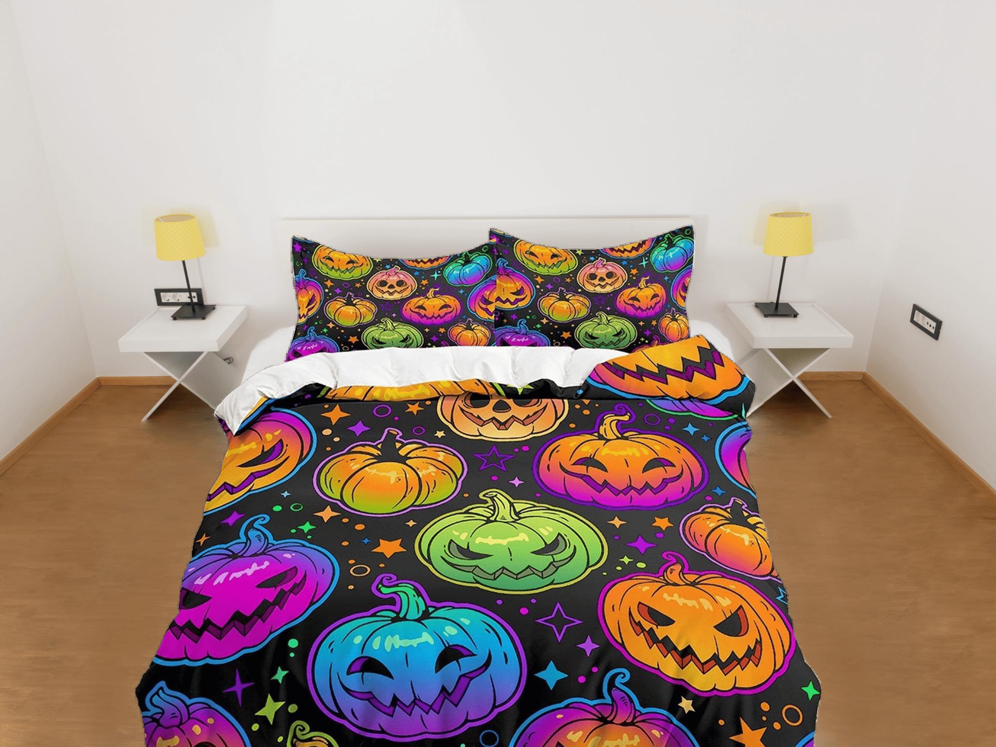 daintyduvet Neon colorful pumpkin halloween bedding & pillowcase, gothic duvet cover, dorm bedding, halloween goth decor toddler bedding, halloween gift