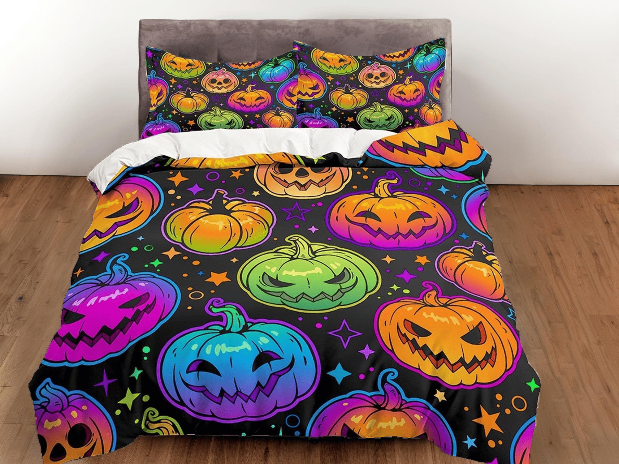 daintyduvet Neon colorful pumpkin halloween bedding & pillowcase, gothic duvet cover, dorm bedding, halloween goth decor toddler bedding, halloween gift