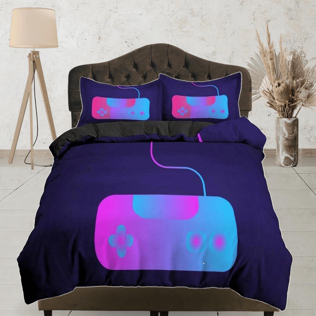 daintyduvet Neon controller gamer bedding purple duvet cover, video gamer boyfriend gift bedding set full king queen twin, boys bedroom, dorm bedding