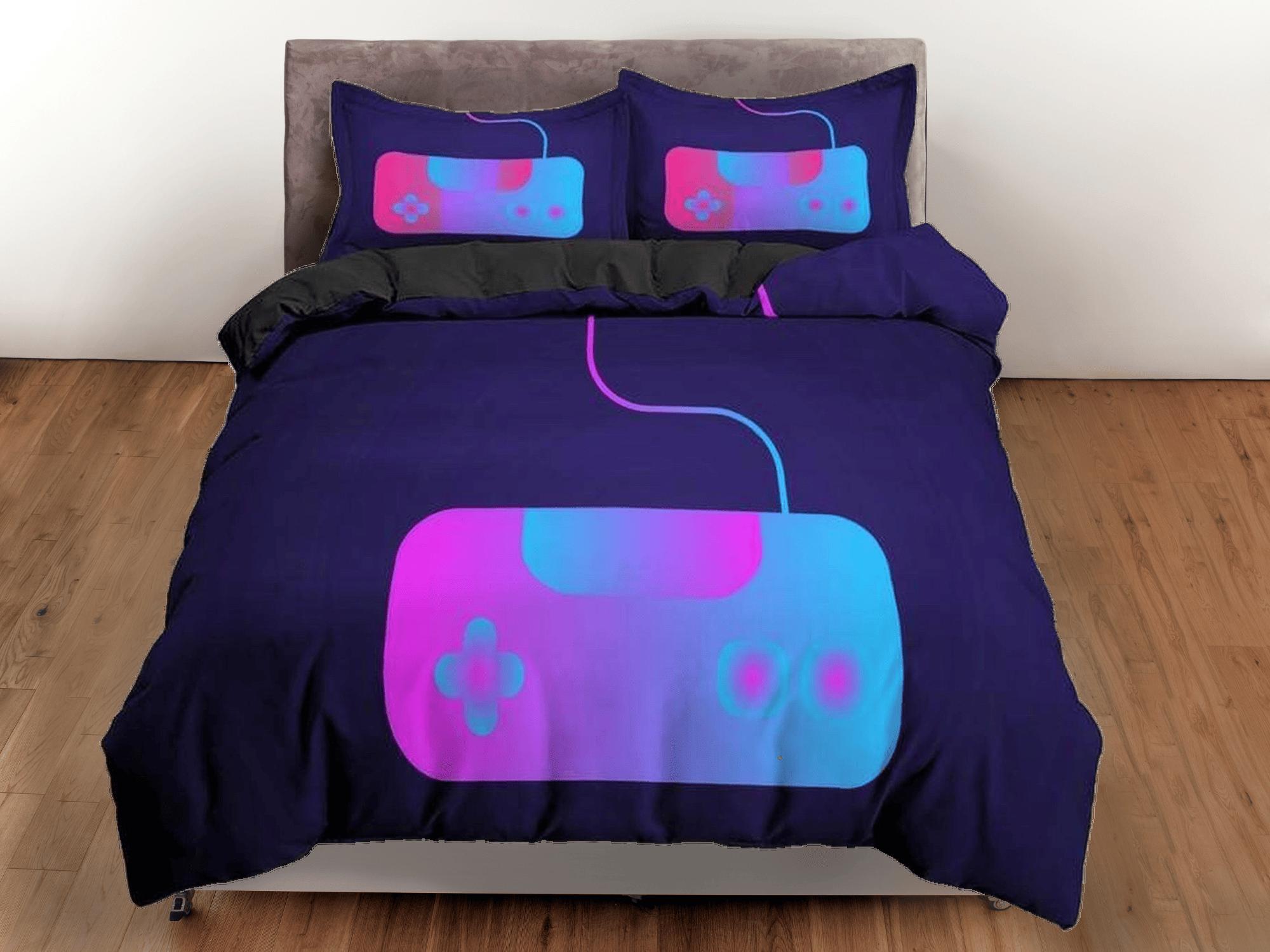 daintyduvet Neon controller gamer bedding purple duvet cover, video gamer boyfriend gift bedding set full king queen twin, boys bedroom, dorm bedding