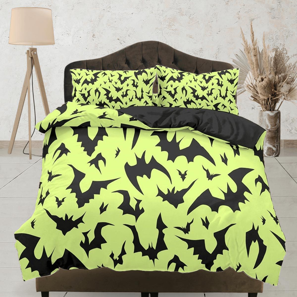 daintyduvet Neon green bats halloween bedding & pillowcase, gothic duvet cover, dorm bedding, goth decor toddler bedding, halloween gift