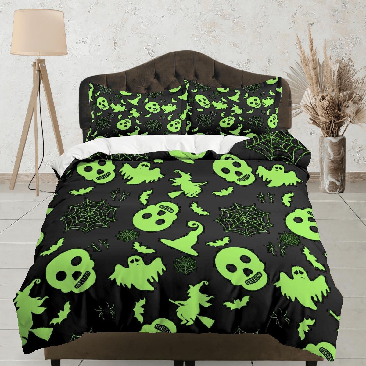 daintyduvet Neon green skulls and ghosts halloween bedding & pillowcase, gothic duvet cover, dorm bedding, goth decor toddler bedding, halloween gift