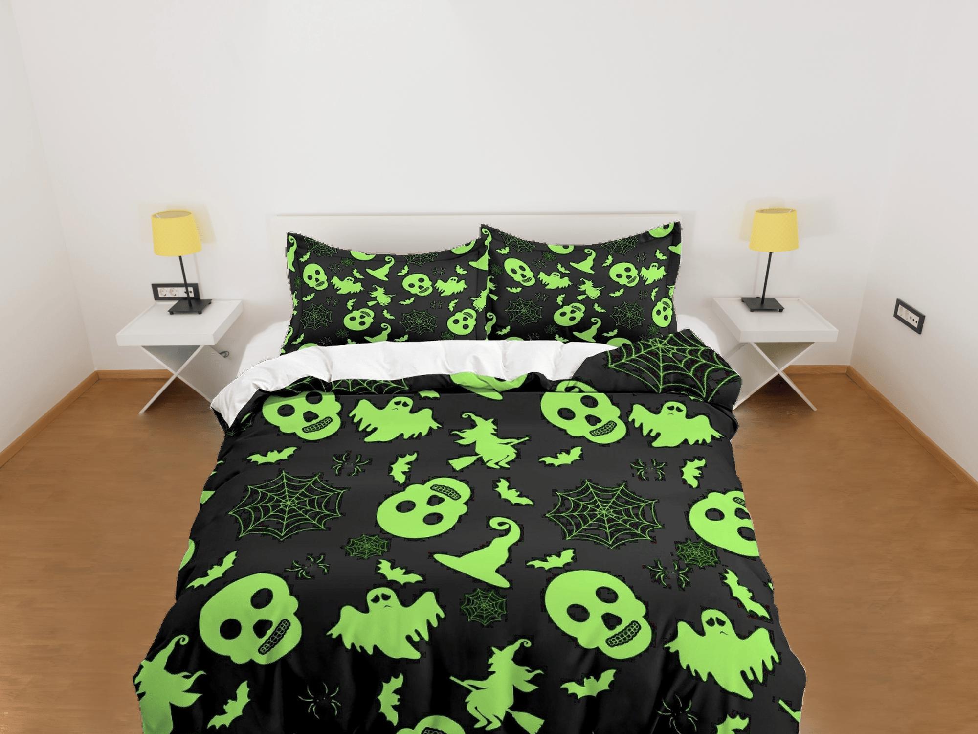 daintyduvet Neon green skulls and ghosts halloween bedding & pillowcase, gothic duvet cover, dorm bedding, goth decor toddler bedding, halloween gift