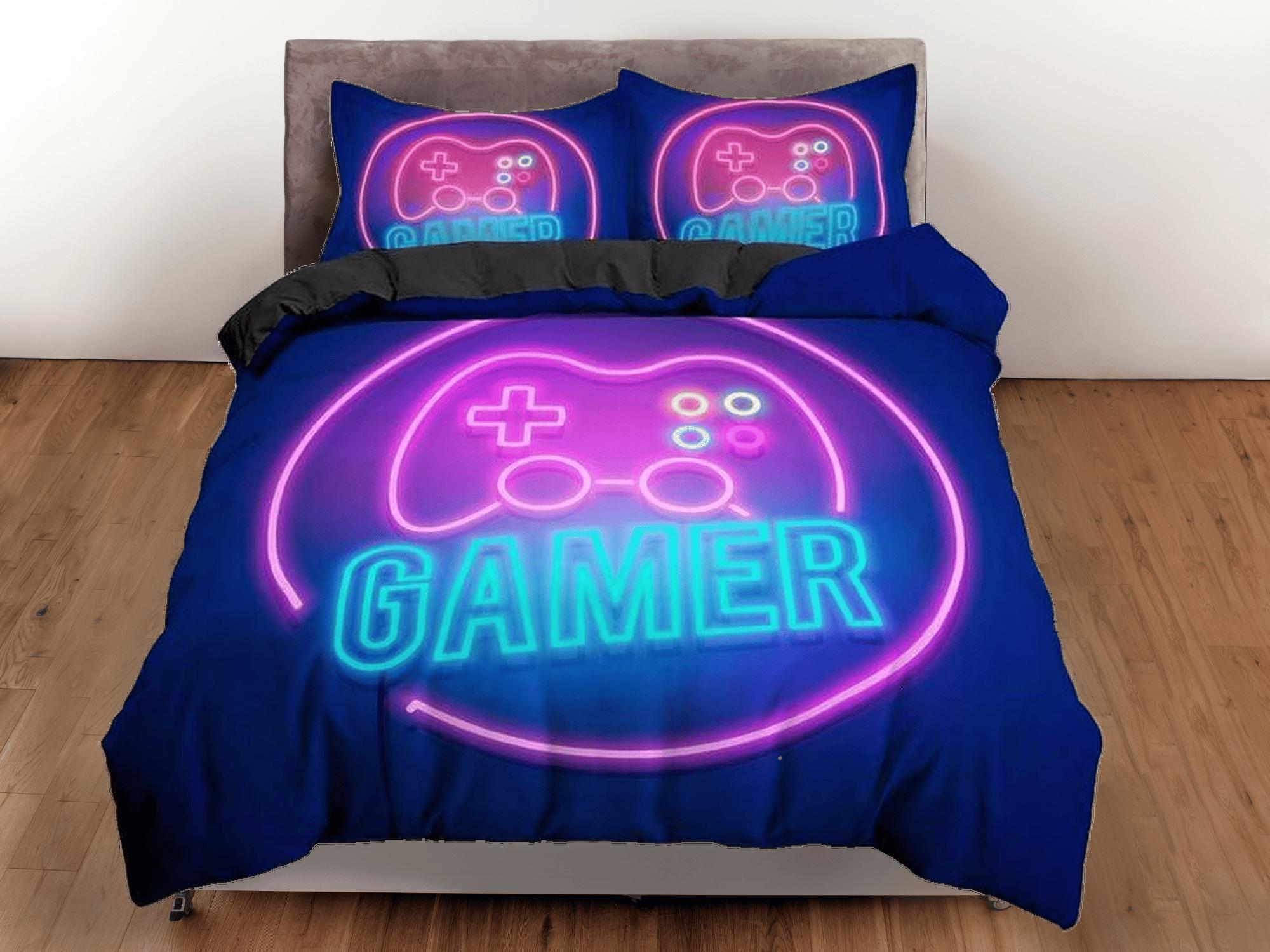 daintyduvet Neon lights gamer bedding duvet cover, video gamer boyfriend gift bedding set full king queen twin, boys bedroom, college dorm bedding