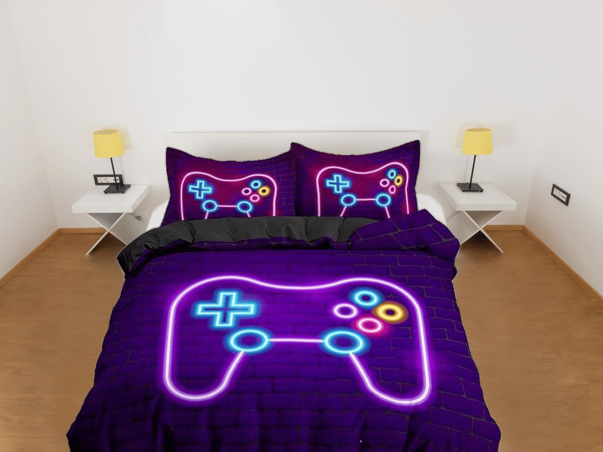 daintyduvet Neon lights gamer bedding purple duvet cover, video gamer boyfriend gift bedding set full king queen twin, boys bedroom college dorm bedding