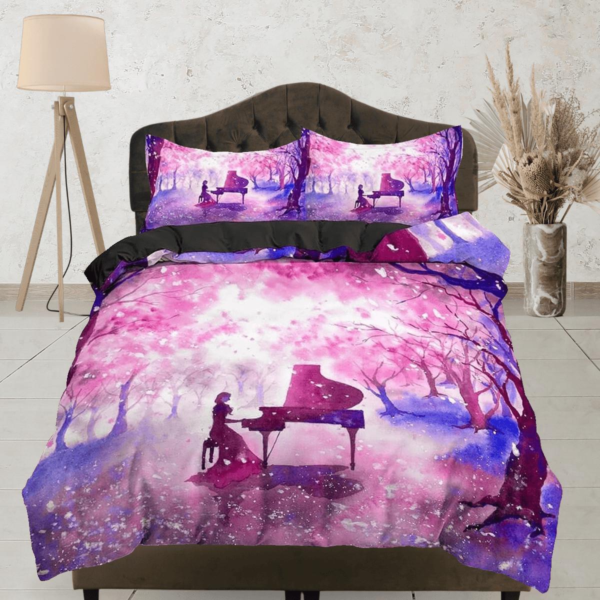 daintyduvet Night piano cherry blossom bedding floral prints duvet cover queen, king, boho bedding designer bedspread full size bedding aesthetic