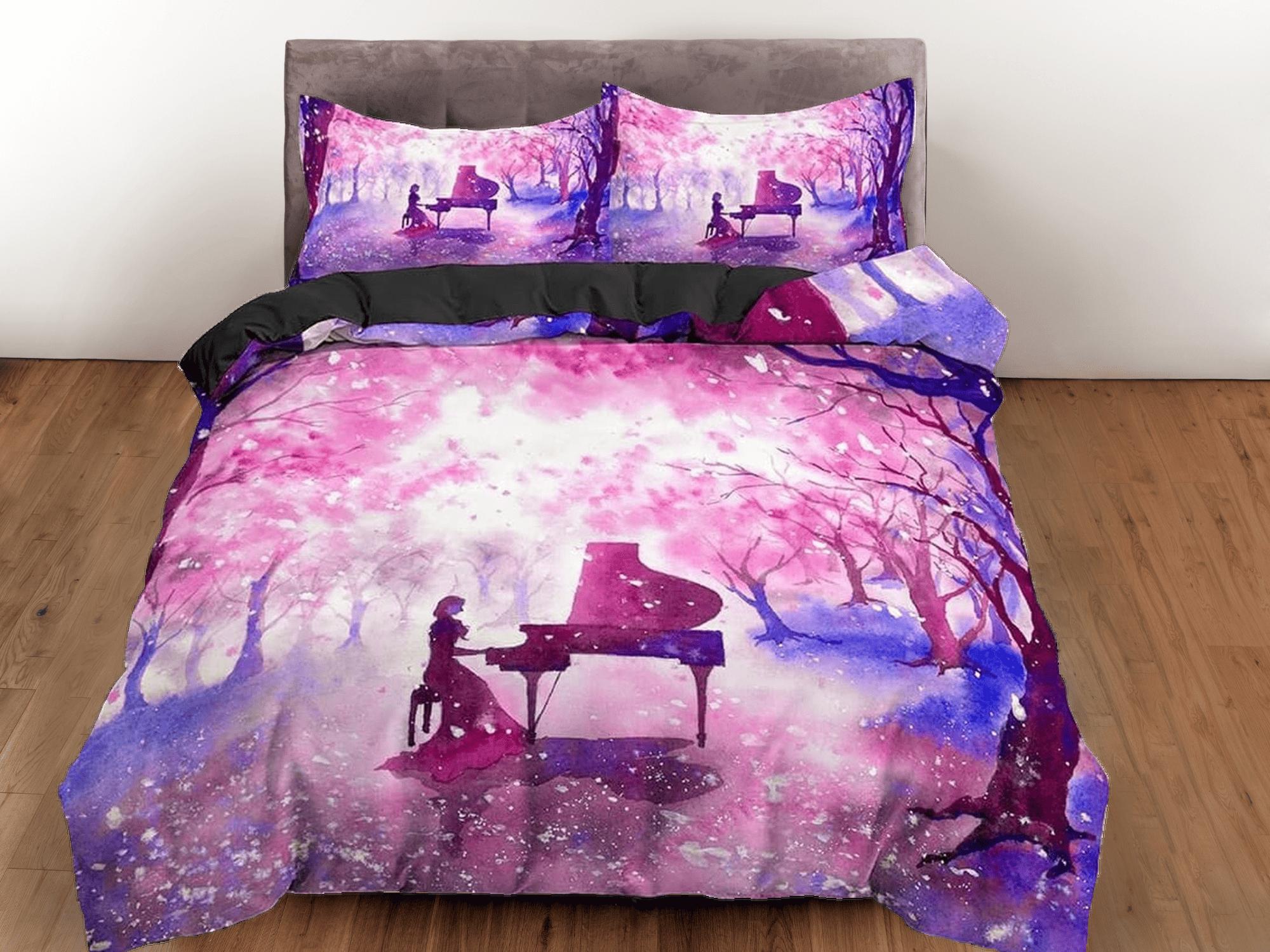 daintyduvet Night piano cherry blossom bedding floral prints duvet cover queen, king, boho bedding designer bedspread full size bedding aesthetic