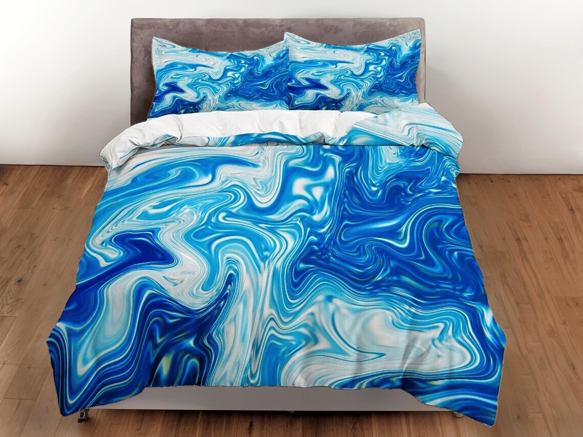 daintyduvet Ocean waves marble blue bedding contemporary bedroom set aesthetic duvet cover abstract art room decor boho chic bedding set full king queen