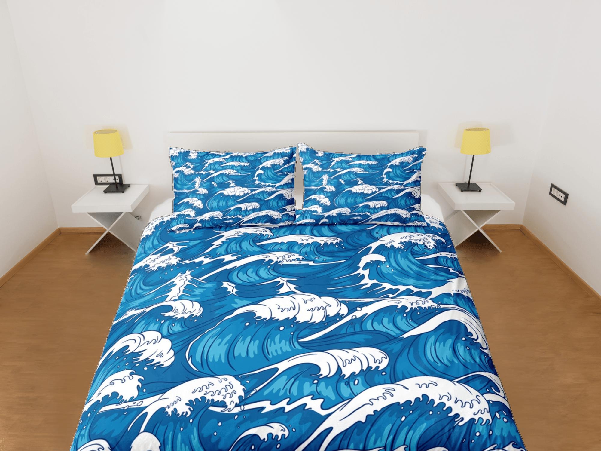 daintyduvet Ocean waves oriental bedding, cool bedding set, japanese blue duvet cover set for king, queen, full, twin, single, toddler bed, aesthetic