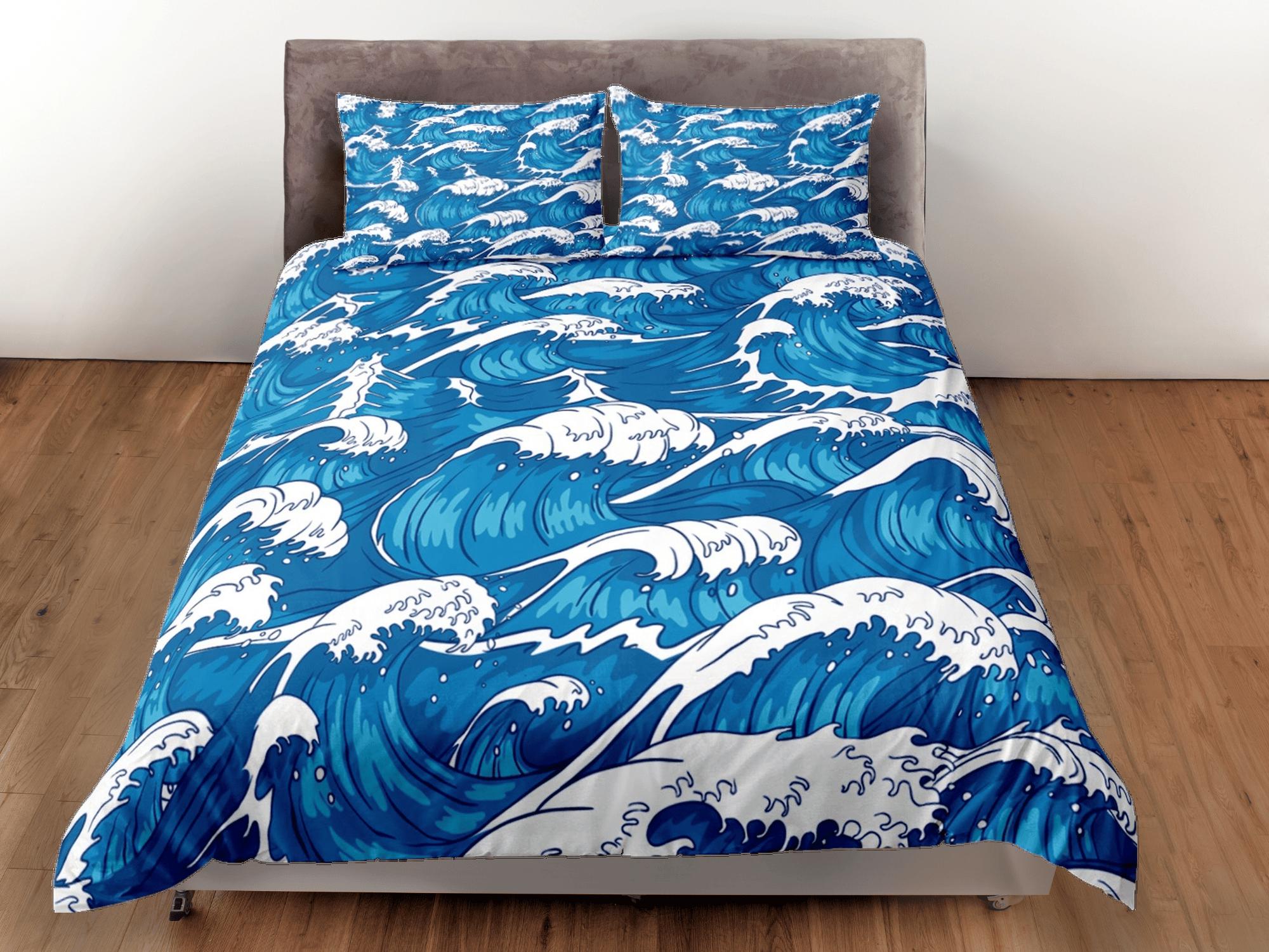 daintyduvet Ocean waves oriental bedding, cool bedding set, japanese blue duvet cover set for king, queen, full, twin, single, toddler bed, aesthetic