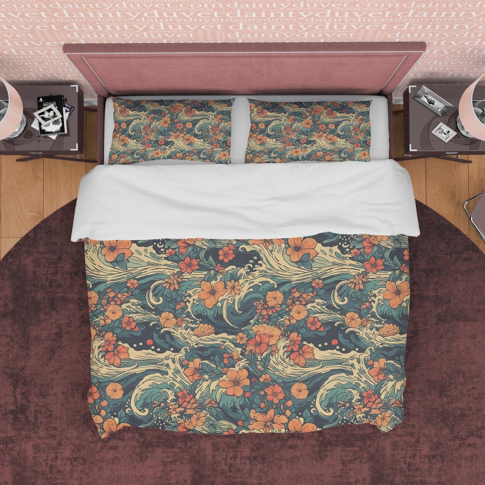Ocean Waves Retro Cotton Duvet Cover, Floral Abstract Quilt Cover, 70s Nostalgia Bedding Set, Unique Blanket Cover, Vintage Bedroom Decor