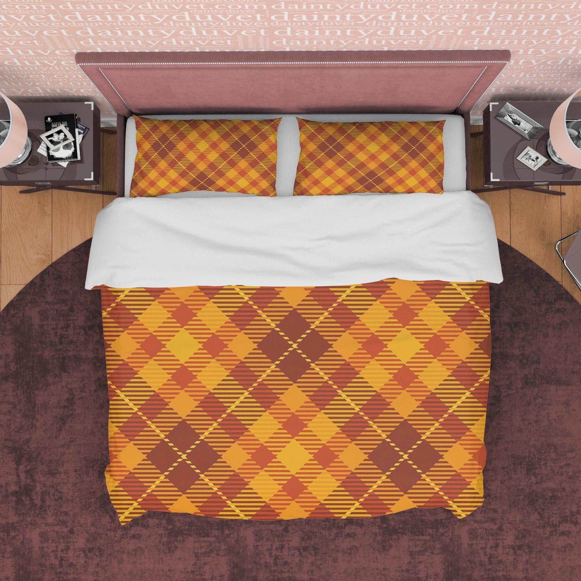Orange Checkered Geometric Duvet Cover, Plaid Quilt Cover Modern Farmhouse Rustic Bedroom Set, Tartan Autumn Color Blanket Cover
