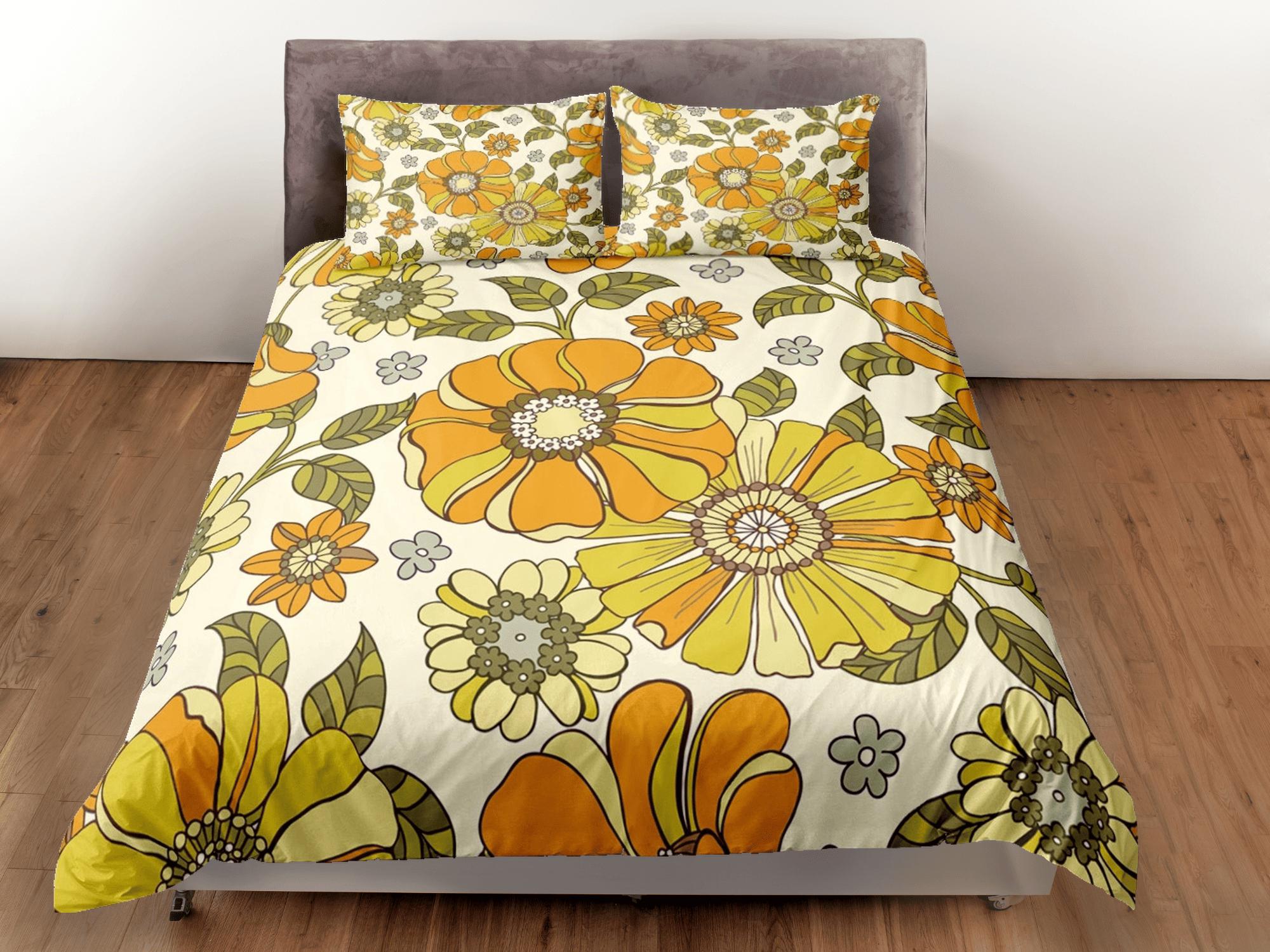 daintyduvet Orange daisies retro bedding mid century modern floral duvet cover colorful bed cover, vintage style boho chic bedspread aesthetic bedding