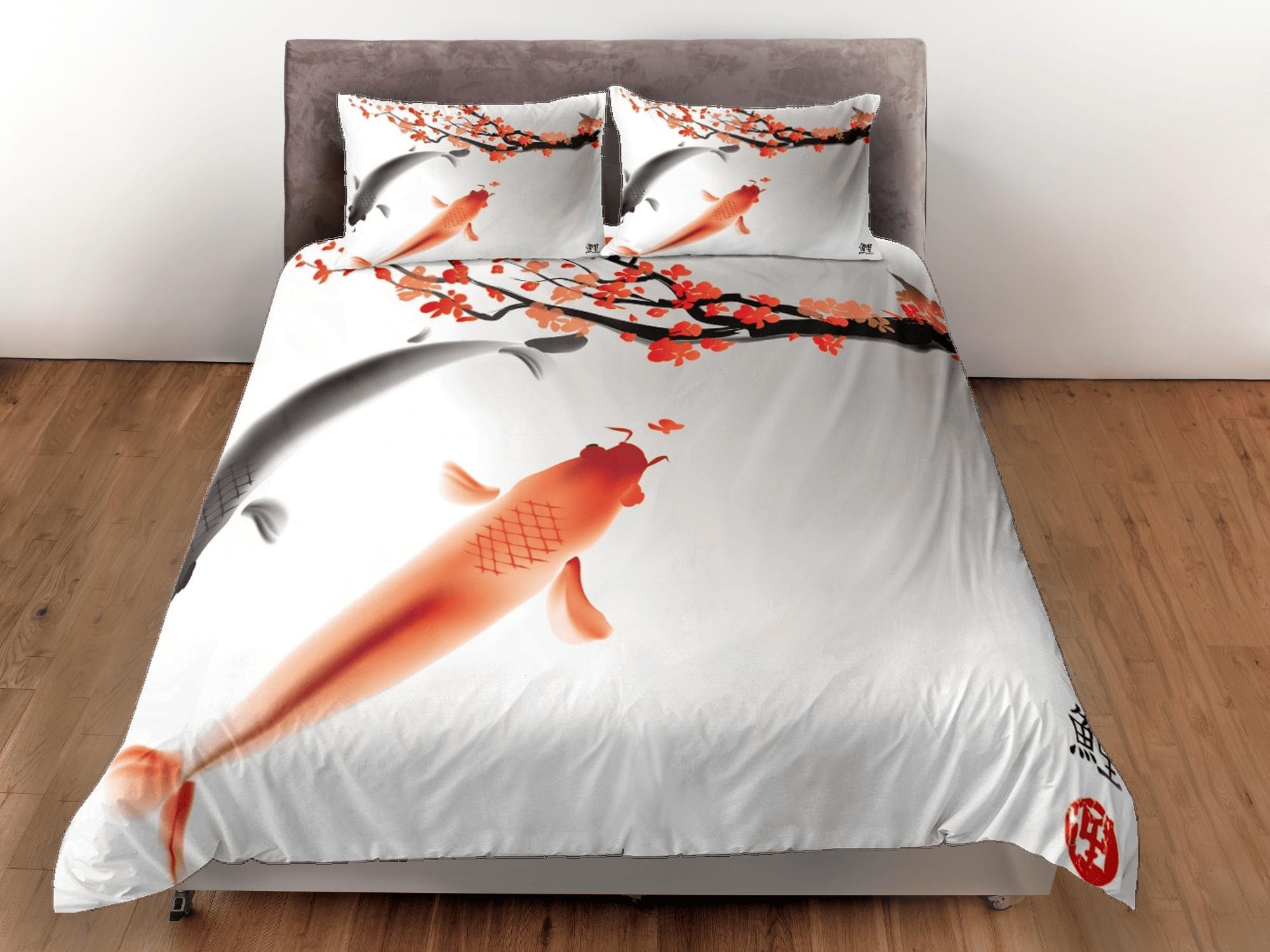 daintyduvet Orange koi fish oriental bedding, aesthetic japanese art duvet cover set for king, queen, full, twin, single, toddler bed, zipper bedding