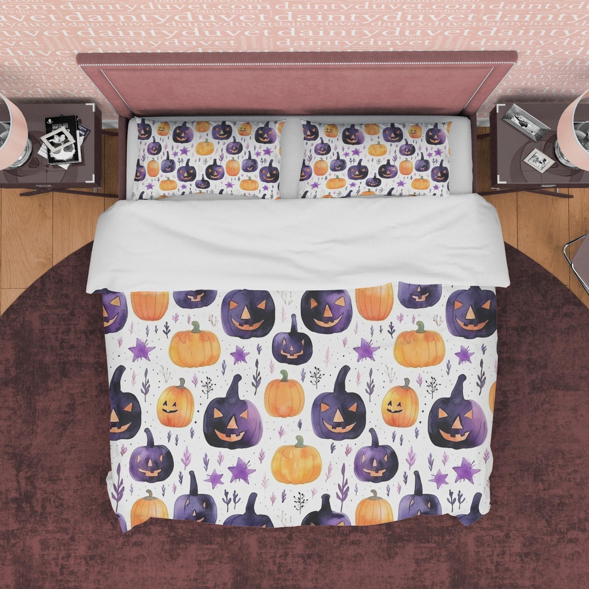 Orange & Purple Pumpkin Duvet Cover Set White Spooky Bedding, Halloween Room Decor, Aesthetic Quilt Cover, Dorm Bedding, Comforter Bed Cover