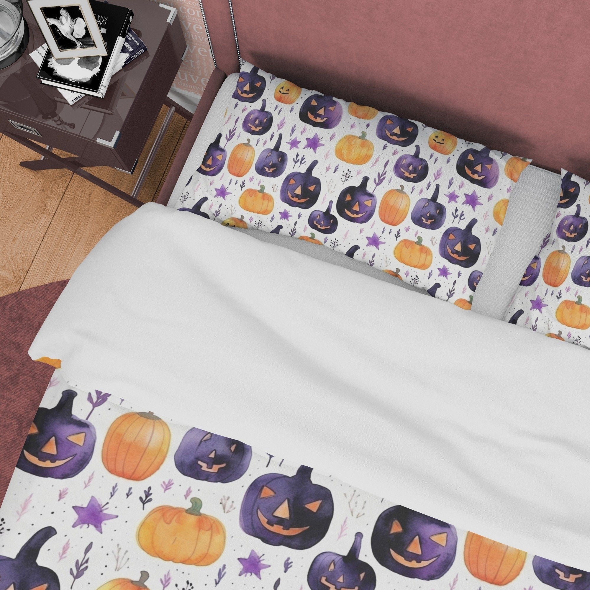 Orange & Purple Pumpkin Duvet Cover Set White Spooky Bedding, Halloween Room Decor, Aesthetic Quilt Cover, Dorm Bedding, Comforter Bed Cover