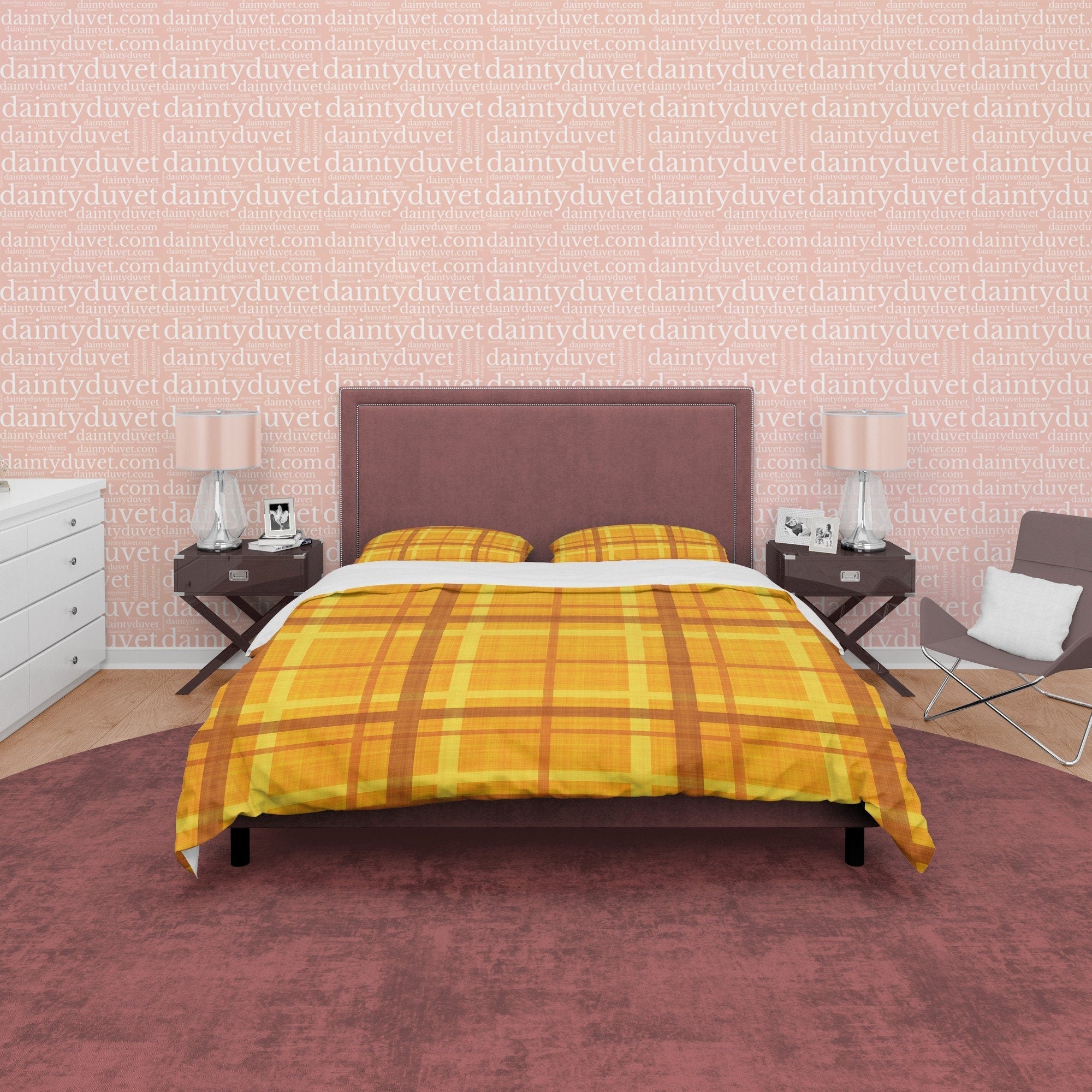 Orange Yellow Checkered Duvet Cover, Plaid Geometric Bedding Modern Farmhouse Rustic Bedroom Set, Tartan Quilt Cover, Bedspread Autumn Color