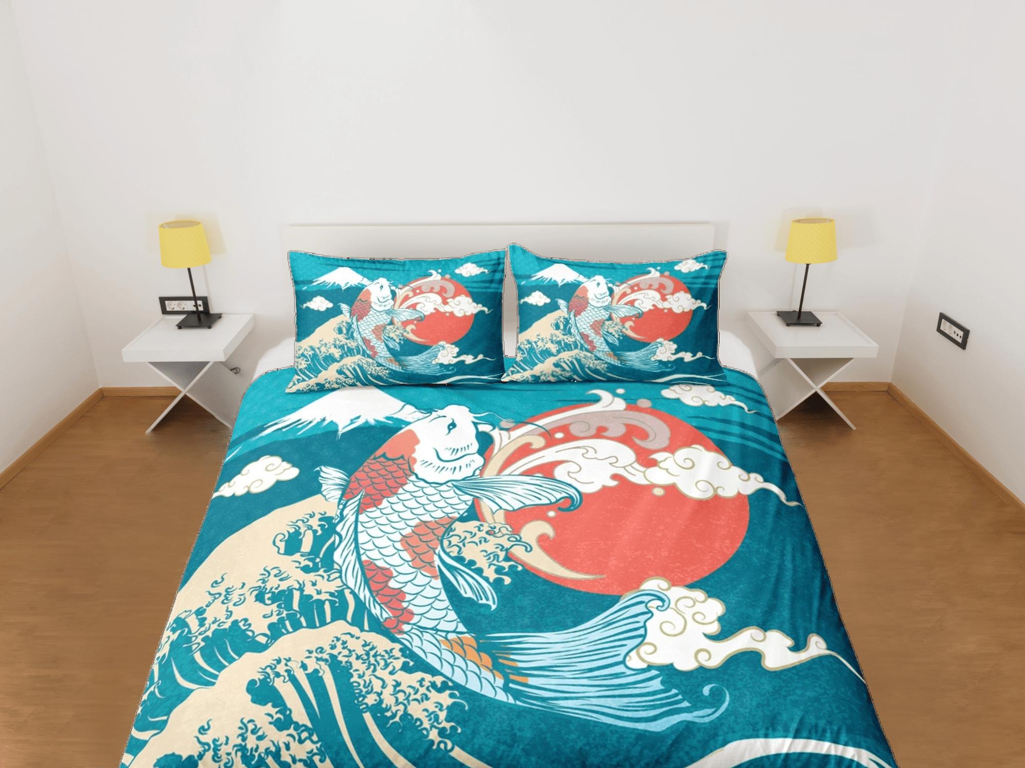 Oriental blue green bedding, koi fish in big ocean waves on japanese d