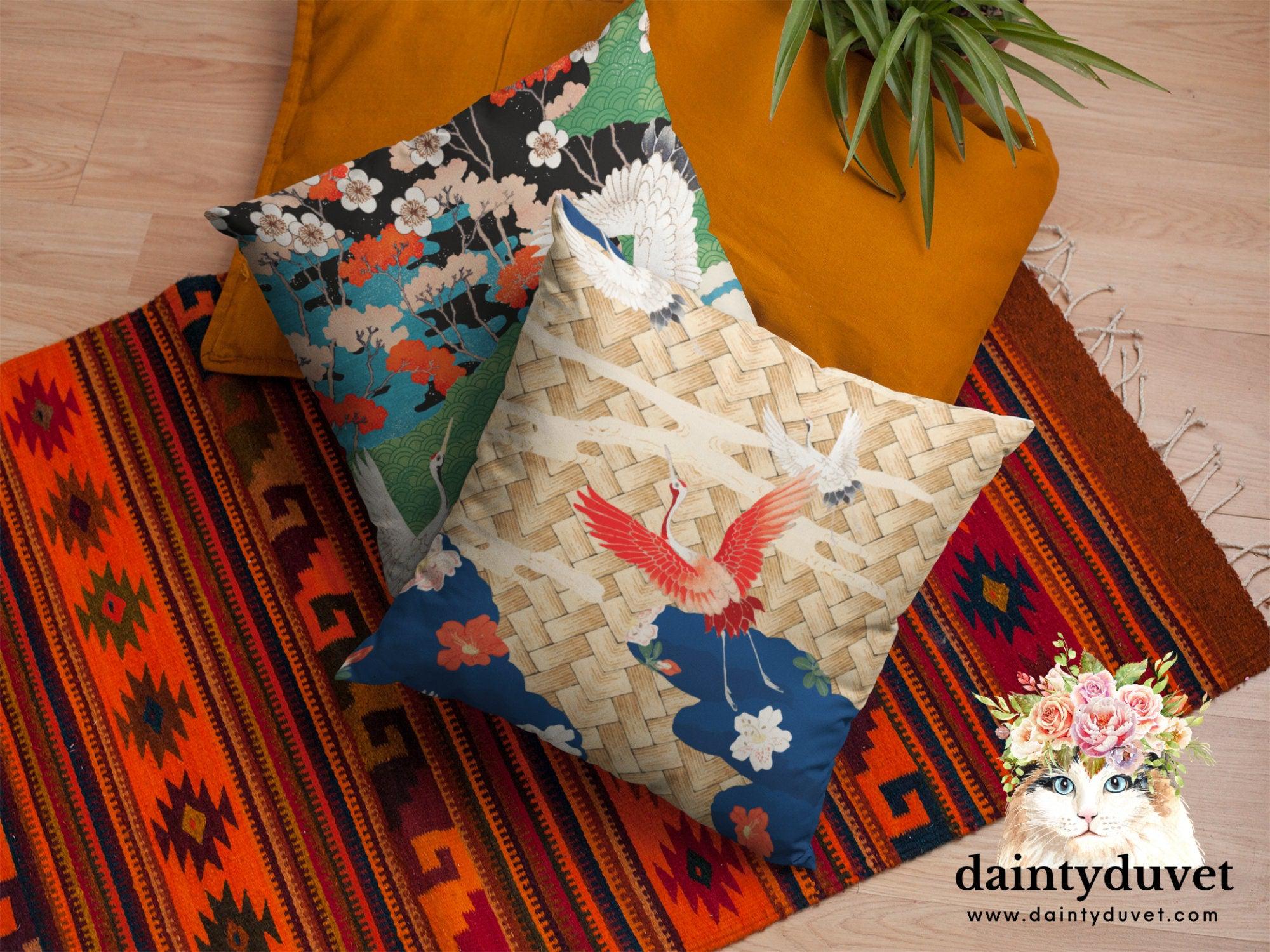 daintyduvet Oriental Pillowcase with Crane Bird, Chair Cushion Cover, Square Pillow Cover for Coach, Bedroom or Sofa, Japanese Decor Flower Pillow