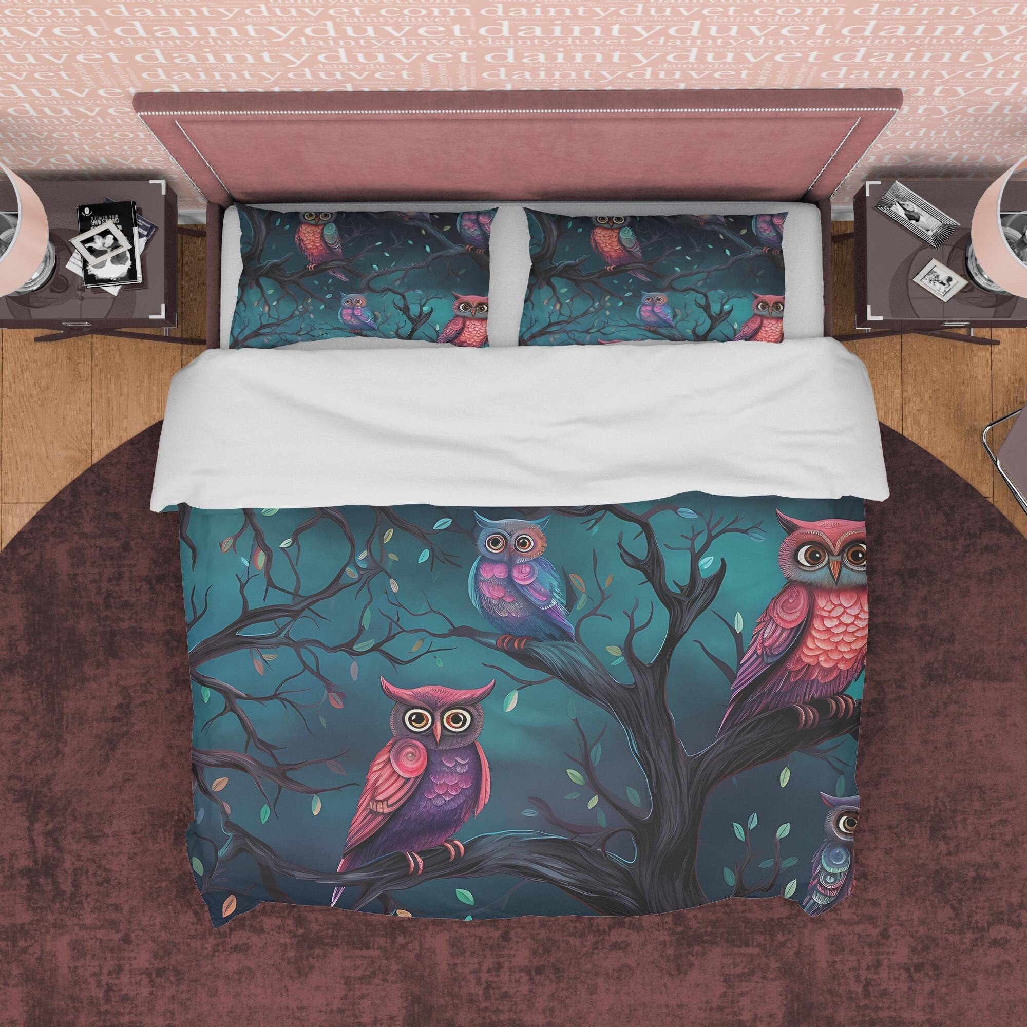 Owl On A Tree Branch Duvet Cover Set, Spooky Night Aesthetic Zipper Bedding, Halloween Room Decor, Green Midnight Scary Print Blanket Cover