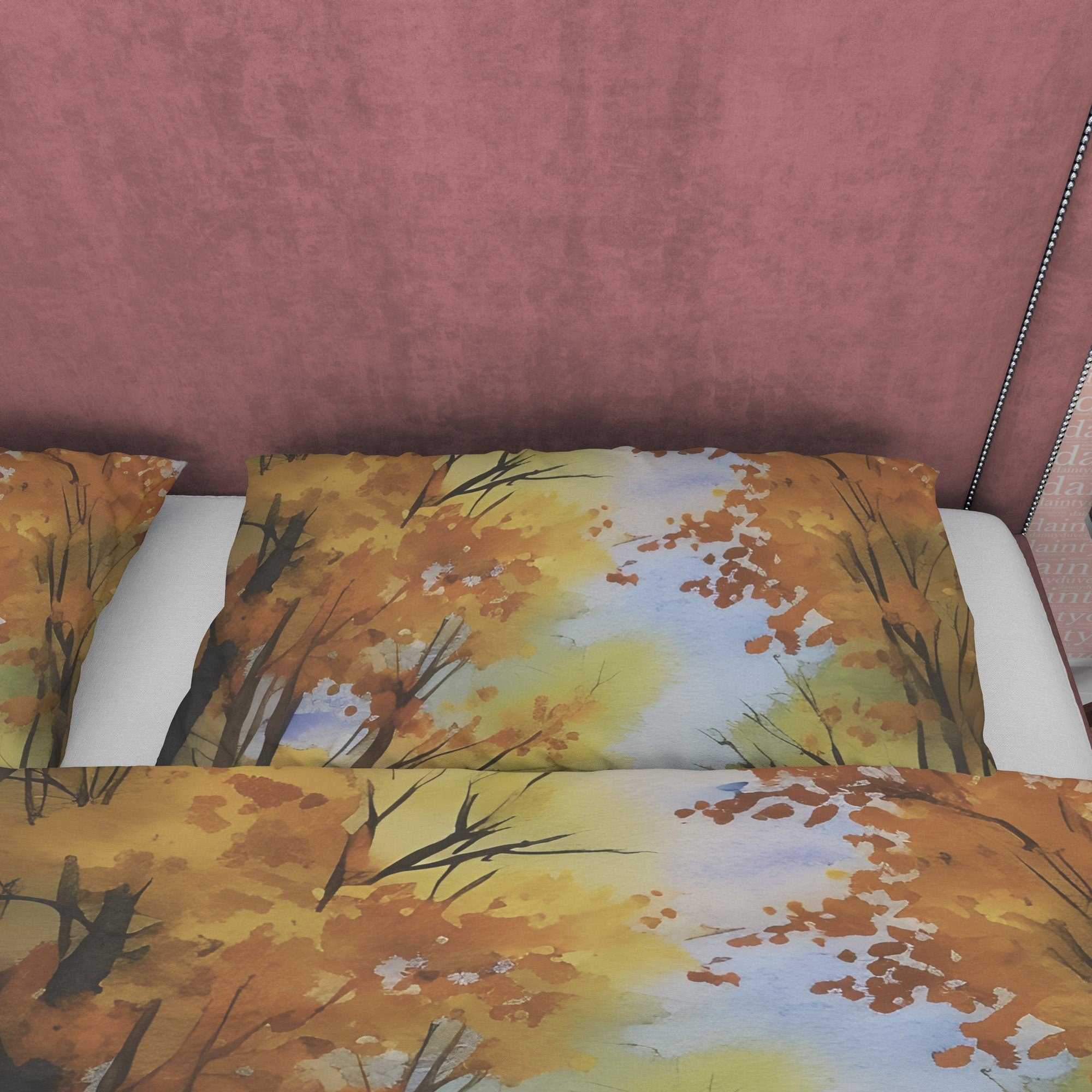 Painted Trees Fall Duvet Cover Autumn Bedding Set, Warm Autumn Colors Printed Quilt Cover, Foliage Bedspread