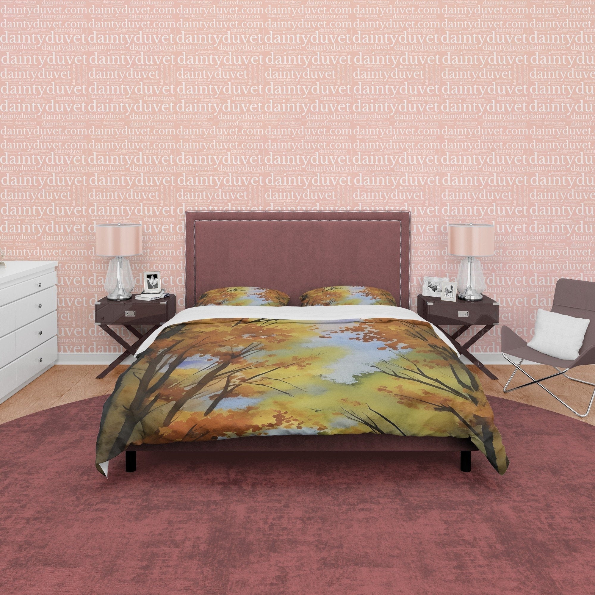 Painted Trees Fall Duvet Cover Autumn Bedding Set, Warm Autumn Colors Printed Quilt Cover, Foliage Bedspread