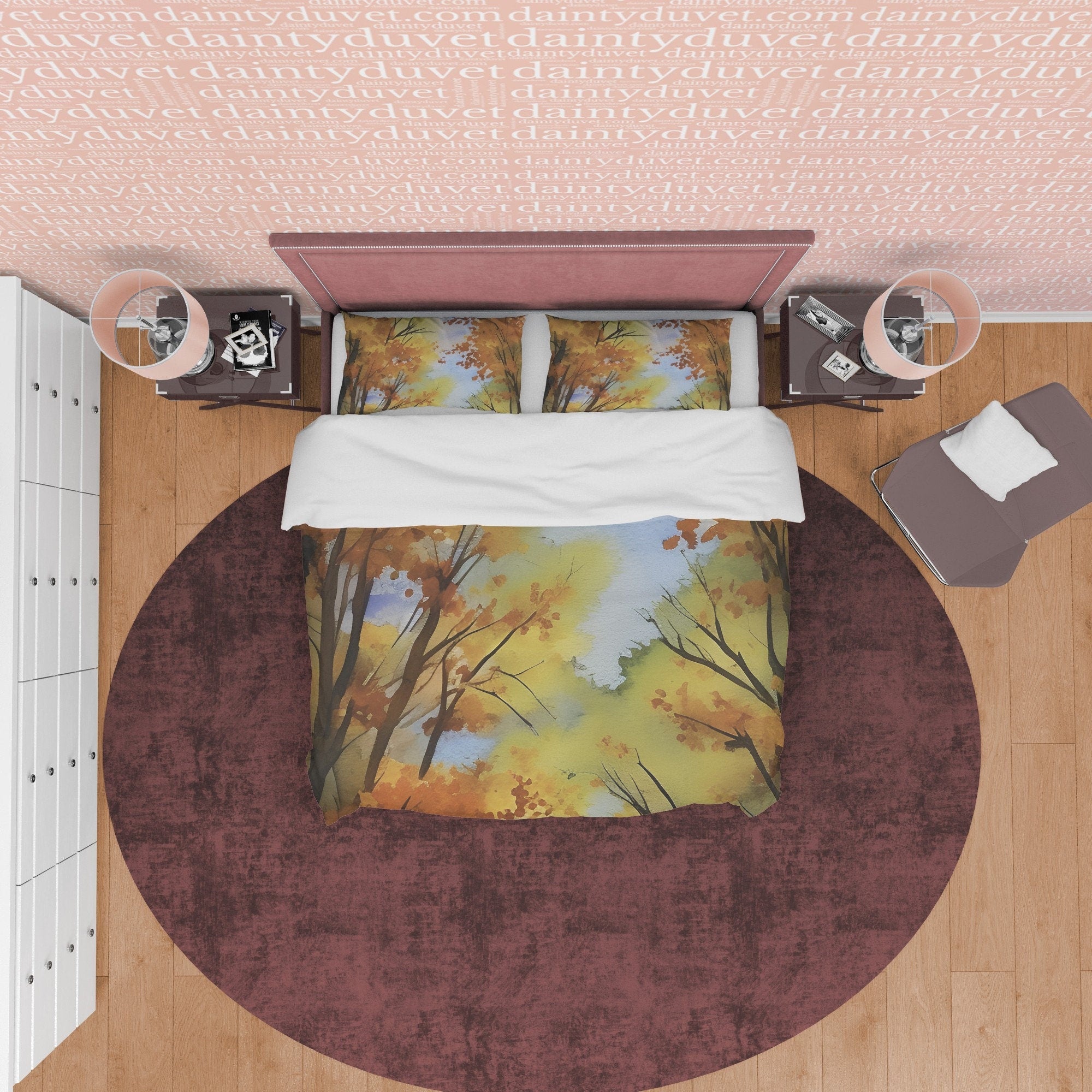 Painted Trees Fall Duvet Cover Autumn Bedding Set, Warm Autumn Colors Printed Quilt Cover, Foliage Bedspread