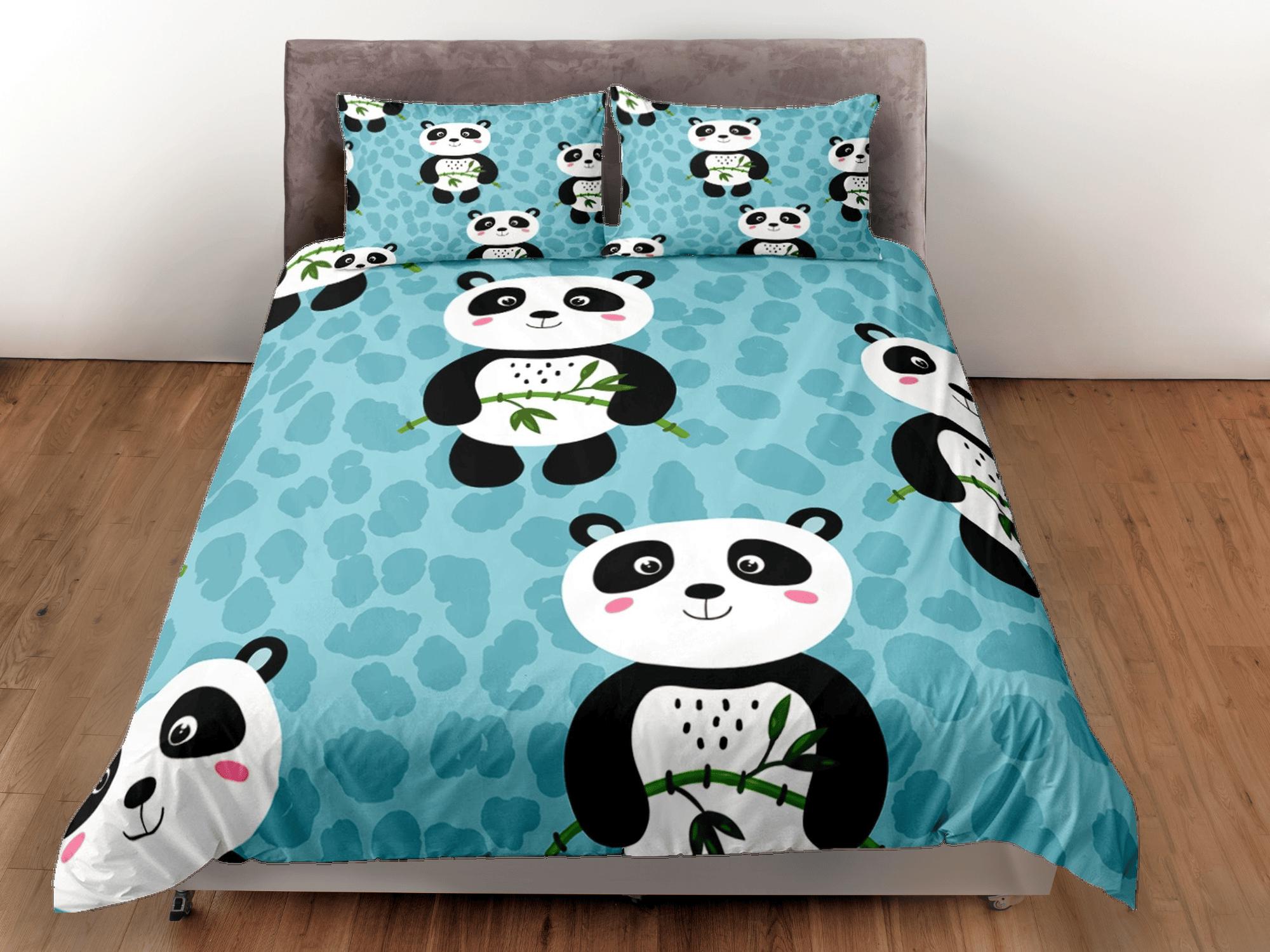 daintyduvet Panda and bamboo teal green duvet cover for kids, bedding set full, king, queen, dorm bedding, toddler bedding, aesthetic panda lovers gift