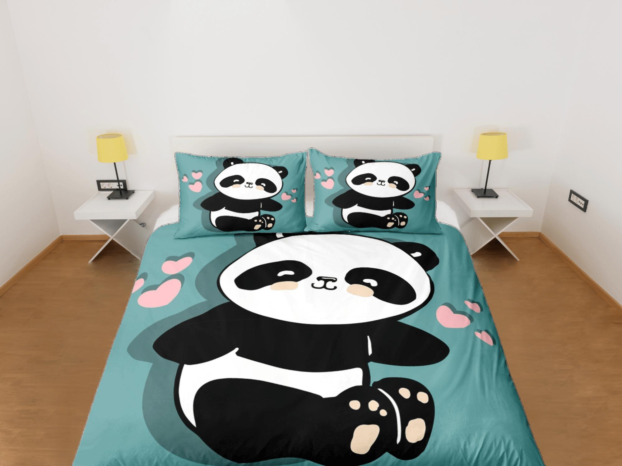 daintyduvet Panda teal green duvet cover set kids, bedding set full, king, queen, dorm bedding, toddler bedding, aesthetic bedspread, panda lovers gift