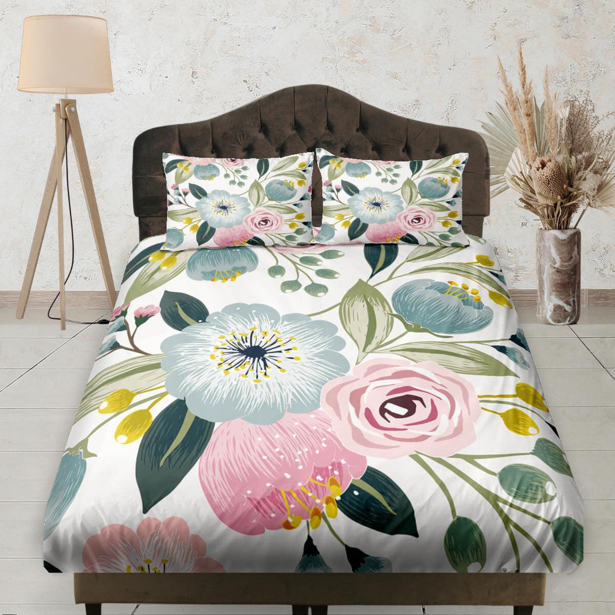 daintyduvet Pastel Colored Flowers Fitted Sheet Deep Pocket, Floral Prints, Aesthetic Boho Bedding Set Full, Elastic Bedsheet, Shabby Chic Bedding