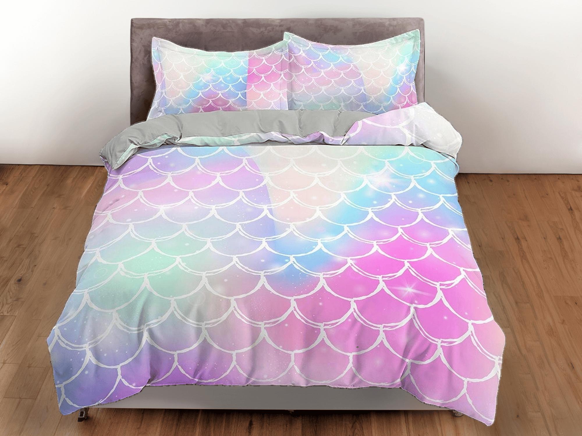 daintyduvet Pastel colored mermaid scales rainbow toddler bedding, duvet cover for nursery kids, crib bedding, baby zipper bedding, king queen full twin
