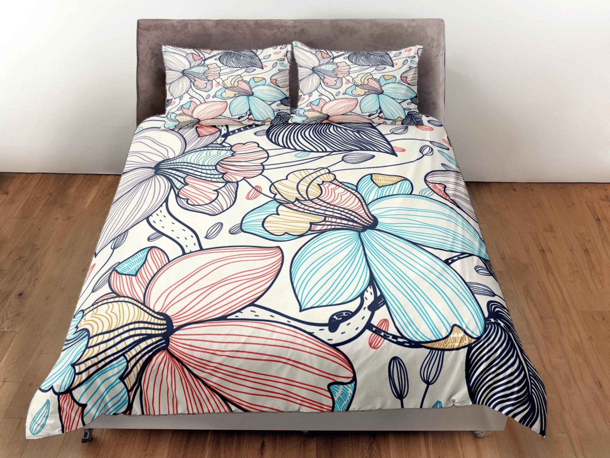 daintyduvet Pastel colors line art floral bedding, luxury duvet cover queen, king, boho duvet, designer bedding, aesthetic full size bedding, maximalist