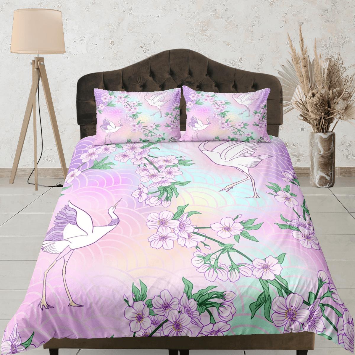 daintyduvet Pastel colors oriental bedding, crane bird and cherry blossoms on japanese duvet cover set for king, queen, full, twin, single, toddler bed