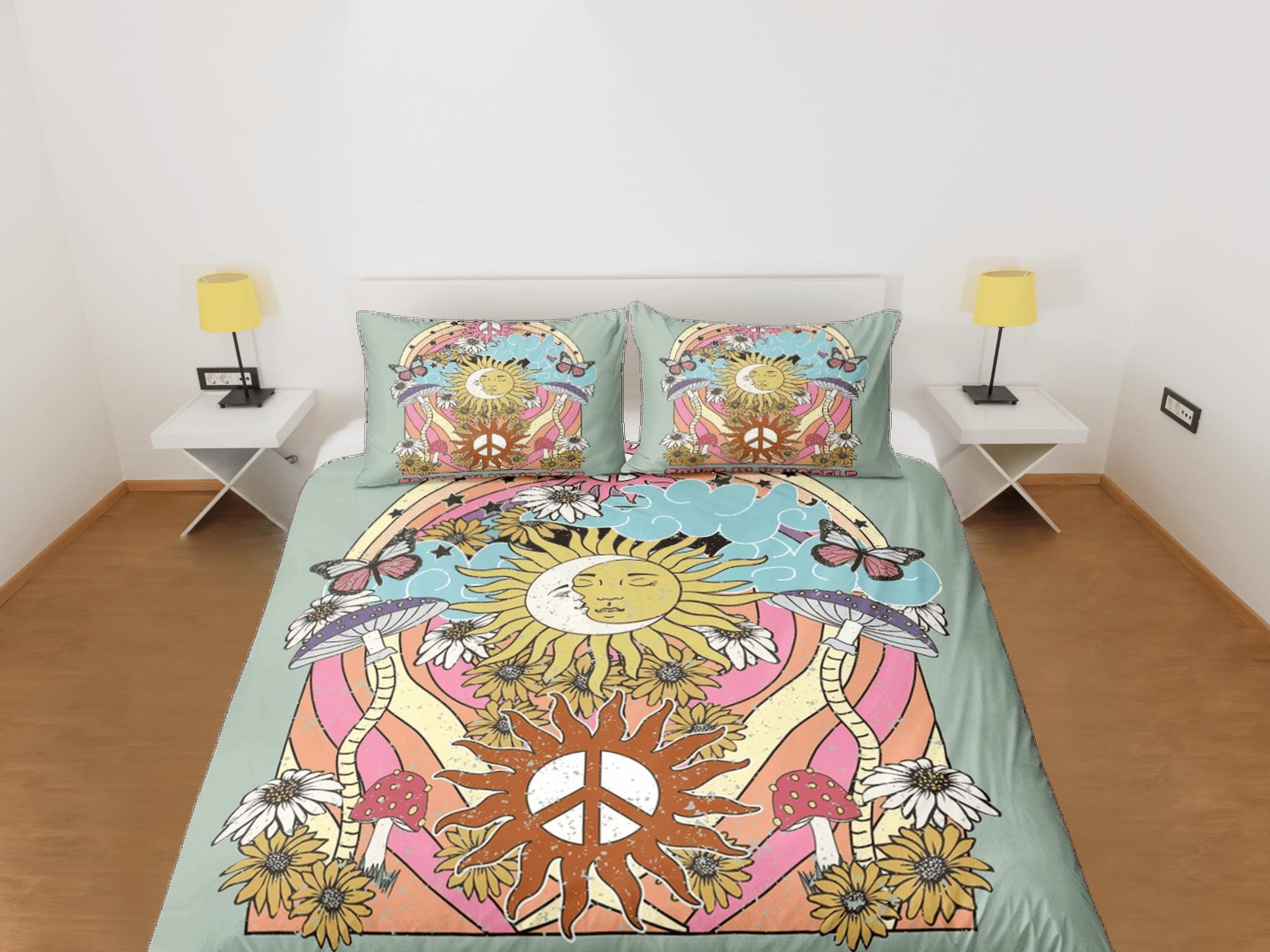 daintyduvet Peace sign 90s nostalgia hippie bedding retro duvet cover set, colorful bedding, teens and adult duvet cover, maximalist decor, sun and moon
