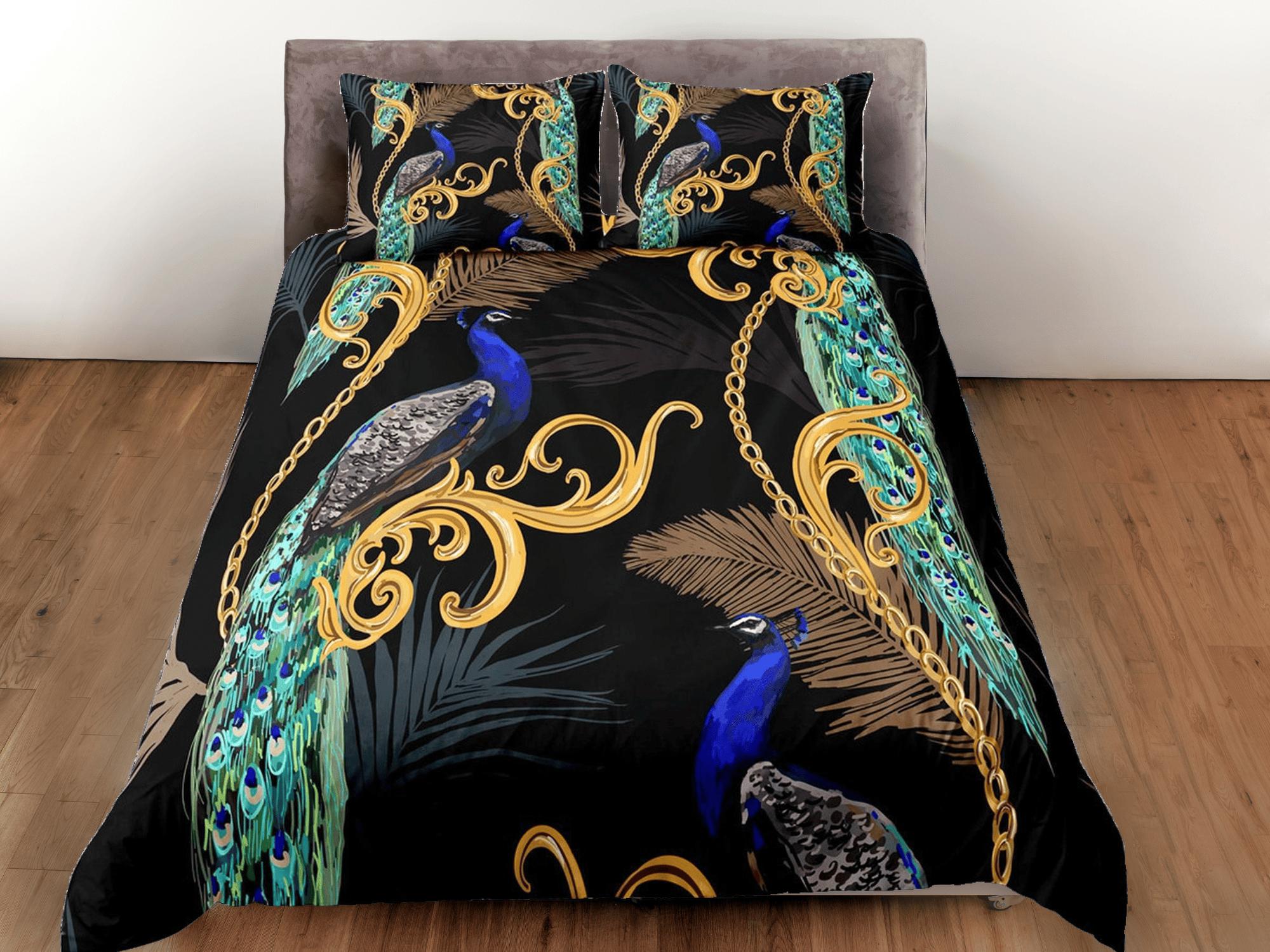 daintyduvet Peacock and gold baroque aesthetic bedding set full, luxury duvet cover queen, king, boho duvet, designer bedding, maximalist decor