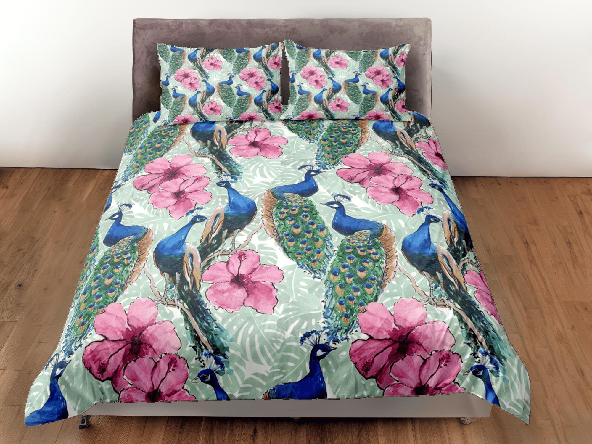 daintyduvet Peacock and pink hibiscus duvet cover colorful bedding, teen girl bedroom, baby girl crib bedding boho maximalist aesthetic bedding