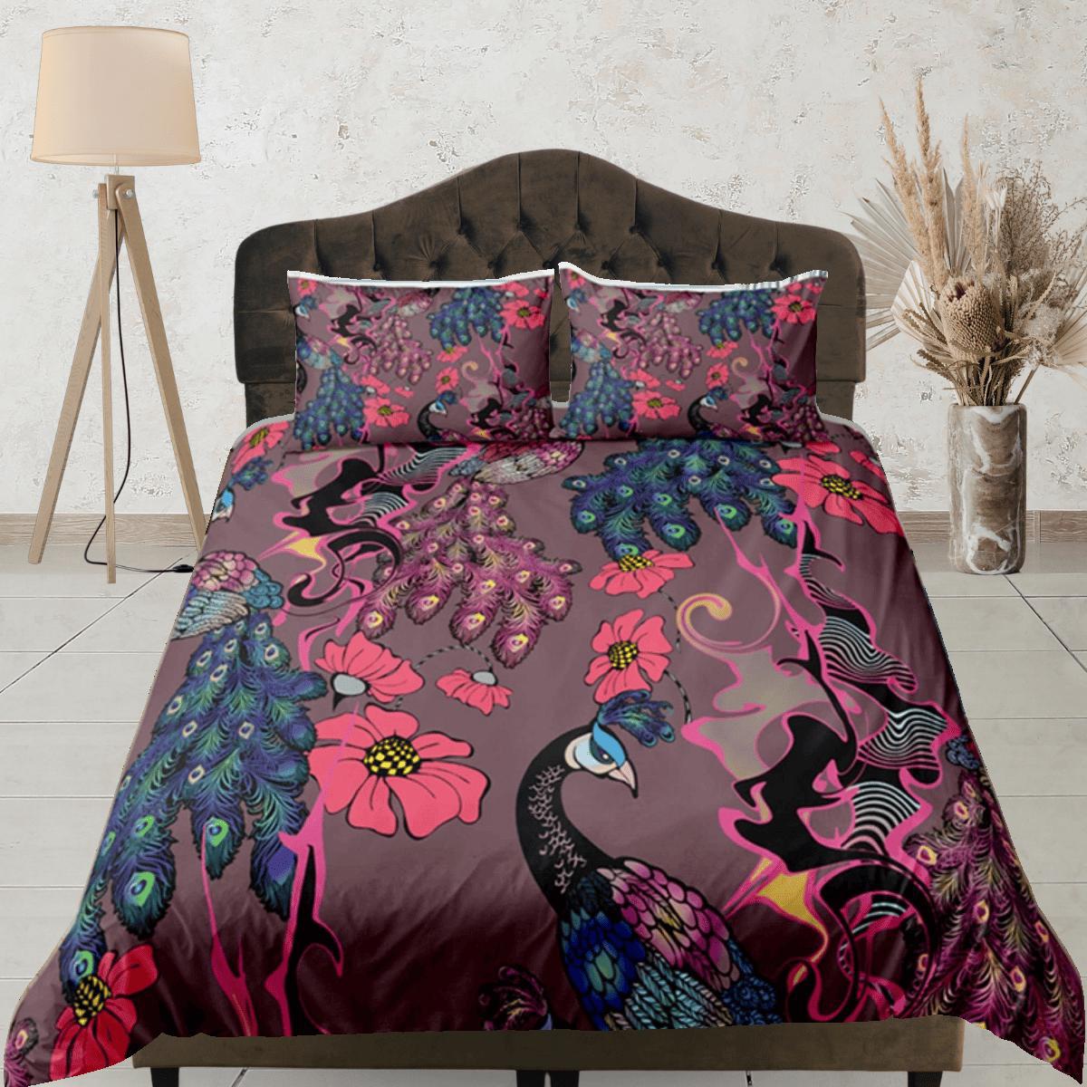 daintyduvet Peacock Floral Duvet Cover Violet Bedspread, Dorm Bedding Set Double