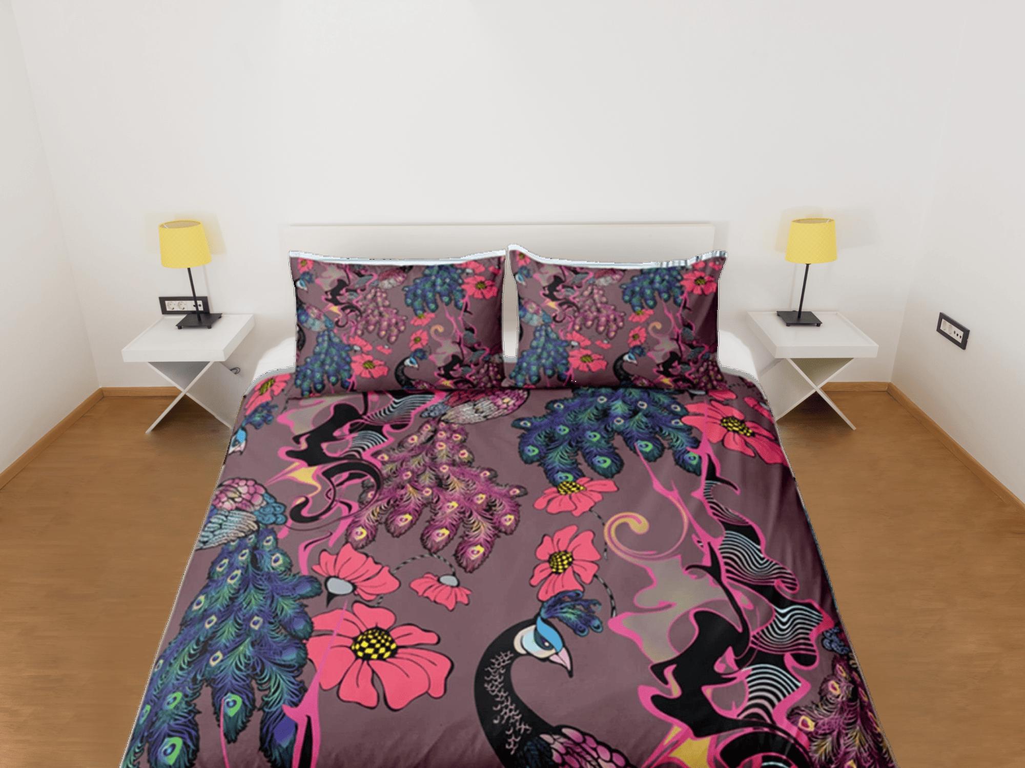 daintyduvet Peacock Floral Duvet Cover Violet Bedspread, Dorm Bedding Set Double