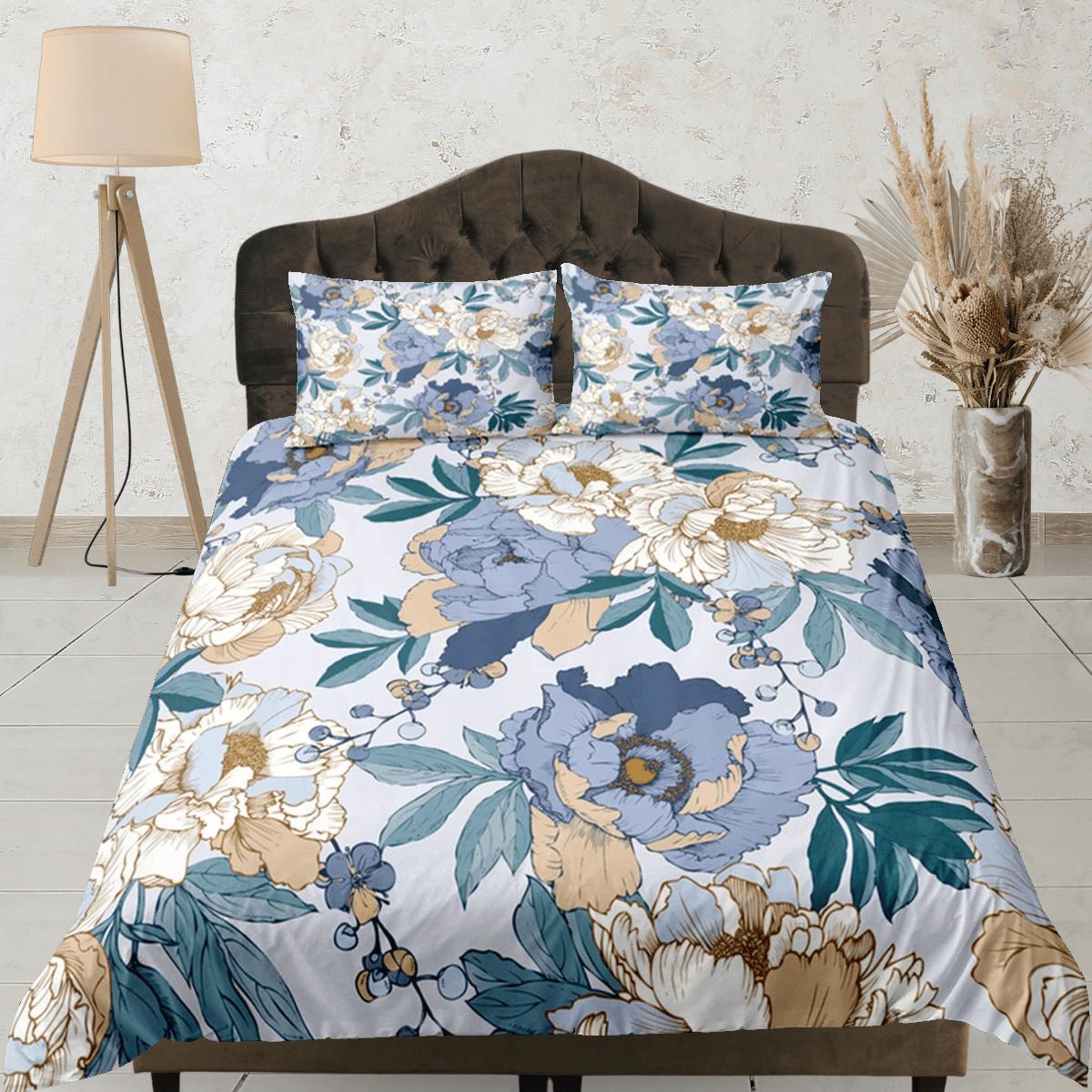 daintyduvet Peony Blue Duvet Cover Set, Floral Bedspread Dorm Bedding Set Single Bedding