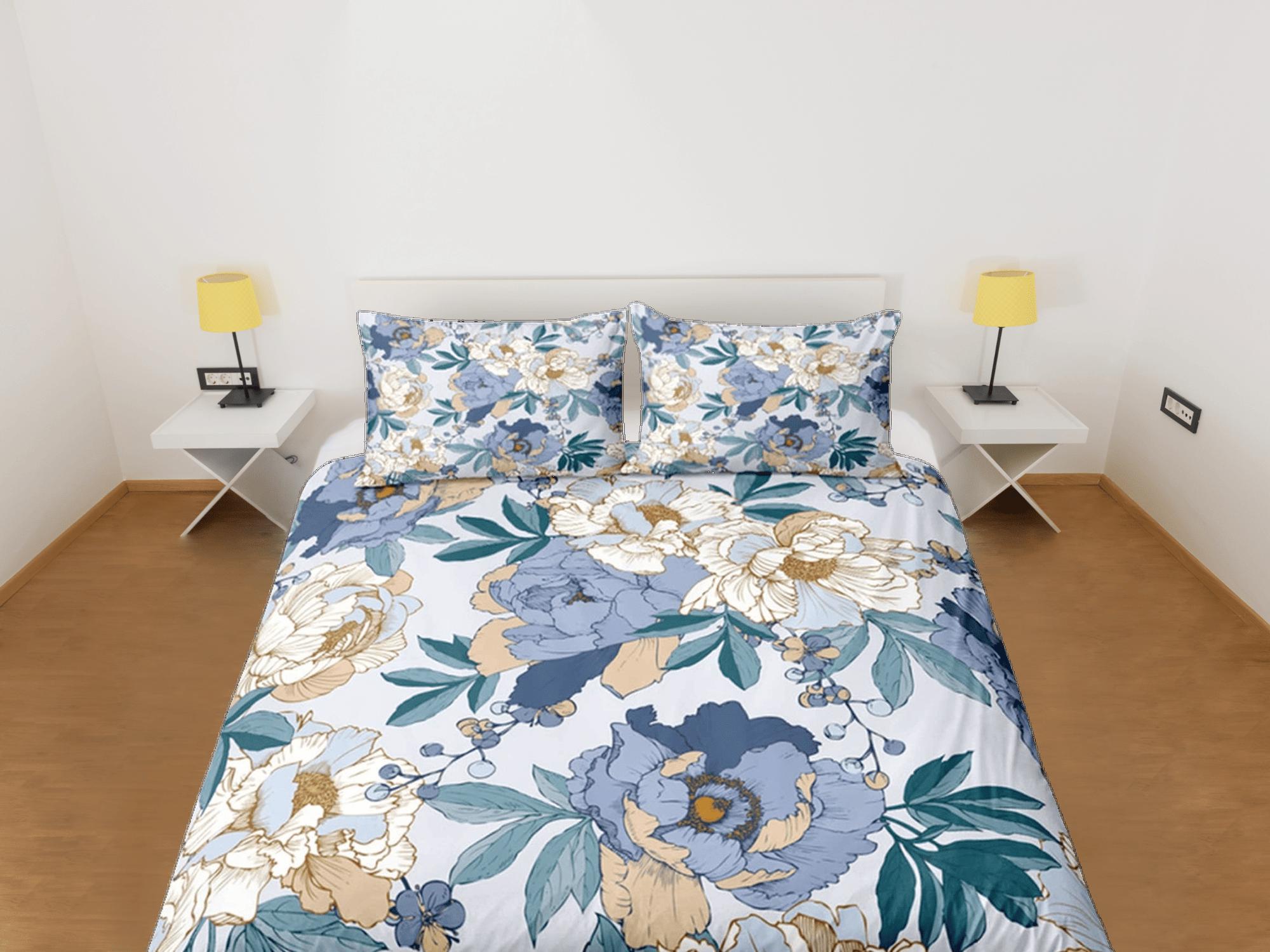daintyduvet Peony Blue Duvet Cover Set, Floral Bedspread Dorm Bedding Set Single Bedding