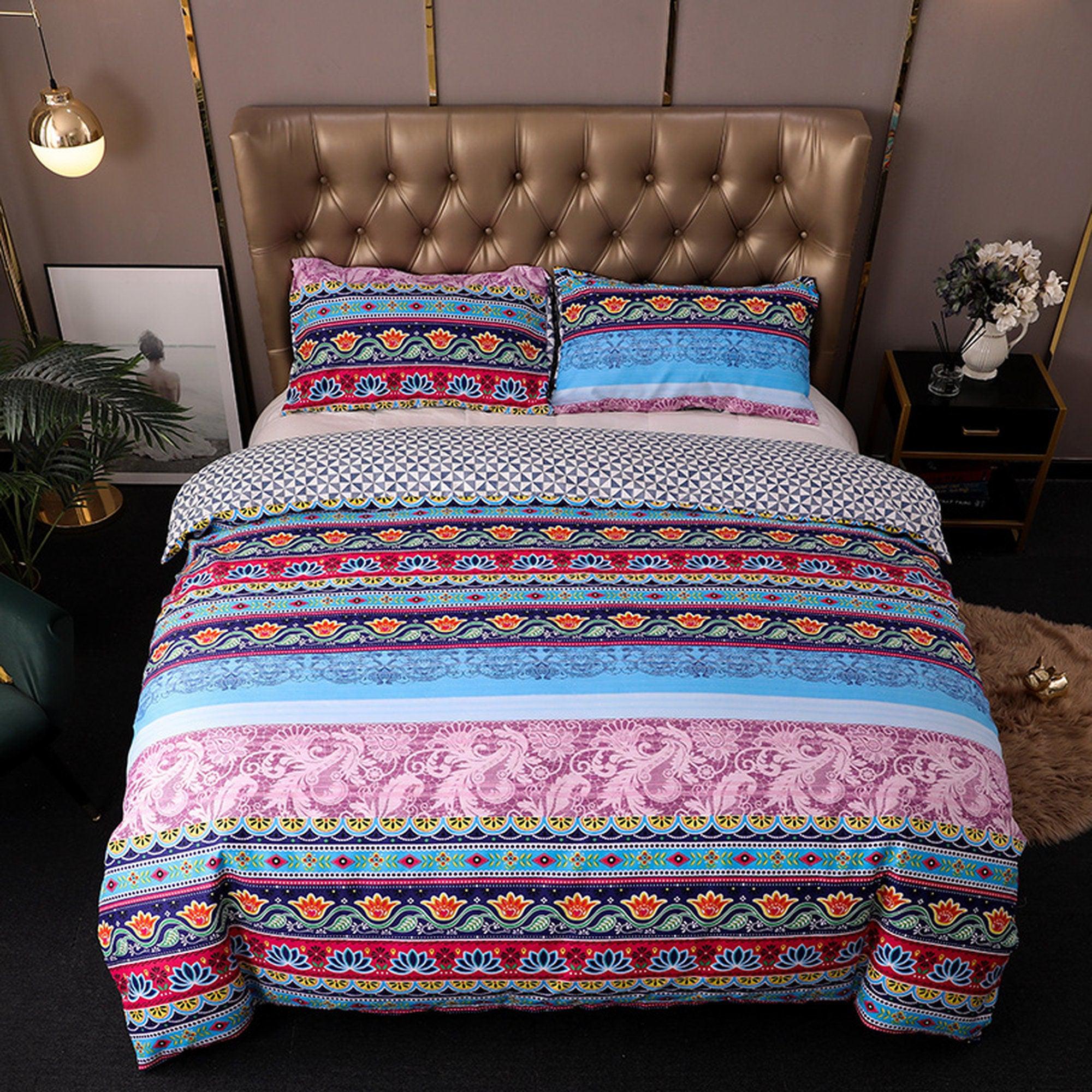daintyduvet Pink Bohemian Blue Duvet Cover Set Boho Bedding, Hippie Dorm Bedding with Pillowcase