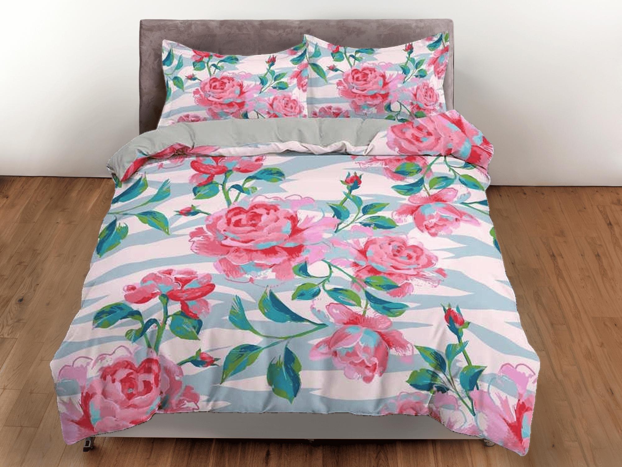 daintyduvet Pink carnation floral duvet cover colorful bedding, teen girl bedroom, baby girl crib bedding boho maximalist bedspread aesthetic bedding