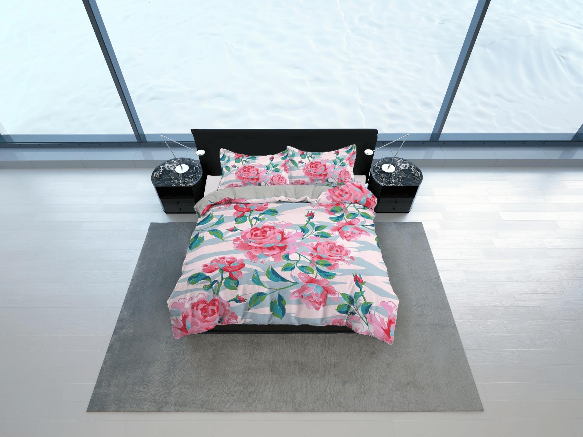 daintyduvet Pink carnation floral duvet cover colorful bedding, teen girl bedroom, baby girl crib bedding boho maximalist bedspread aesthetic bedding