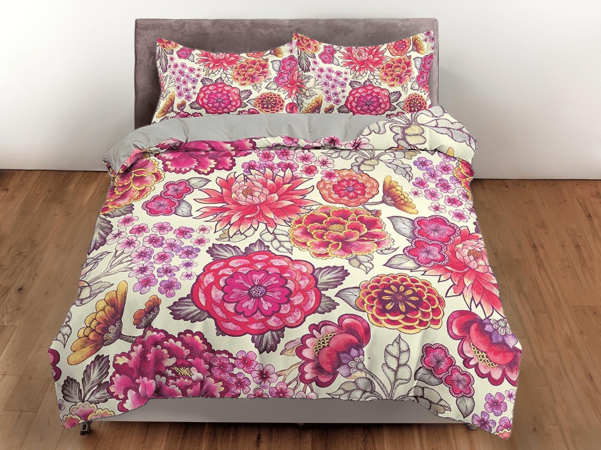 daintyduvet Pink dahlia floral duvet cover colorful bedding, teen girl bedroom, baby girl crib bedding boho maximalist bedspread aesthetic bedding