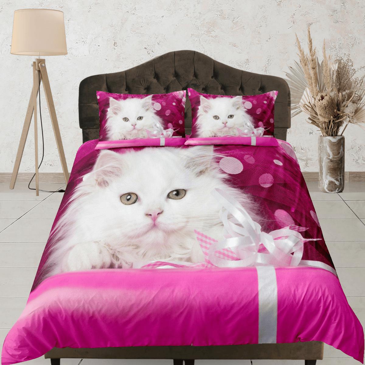 daintyduvet Pink Duvet Cover Set Cute White Cat Bedspread, Animal Dorm Bedding with Pillowcase