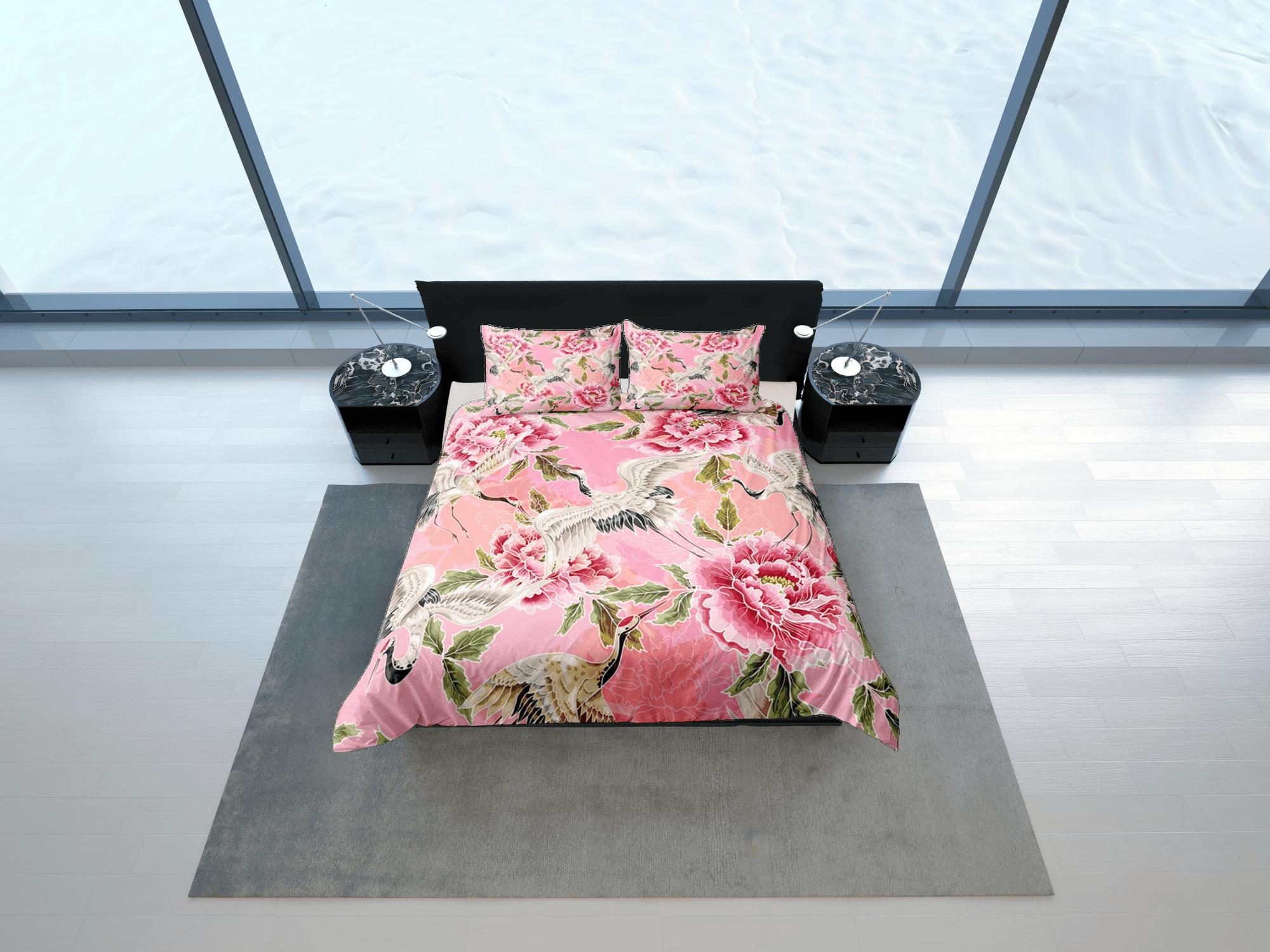 daintyduvet Pink Duvet Cover Set Floral Prints, Japanese Art Crane Bird Comforter Cover Set Pillowcase | Size King, Queen, Full, Twin & Single Bedding